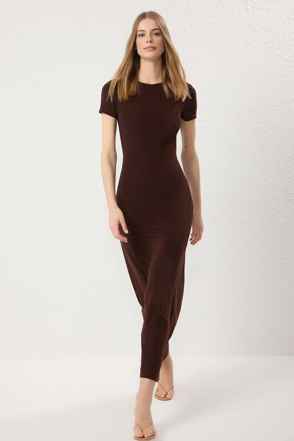 Fitted Crew Neck Stretch Knit Maxi Pencil Dress