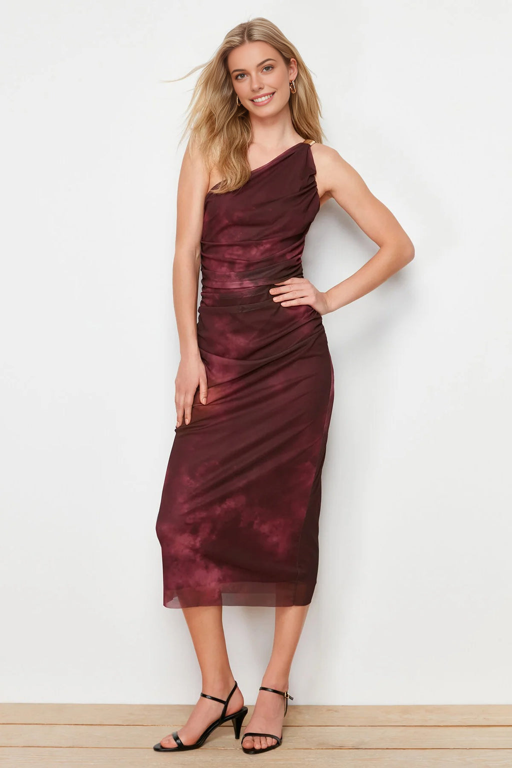 One-Sleeve Tulle Stretch Knit Midi Pencil Dress with Accessory Details