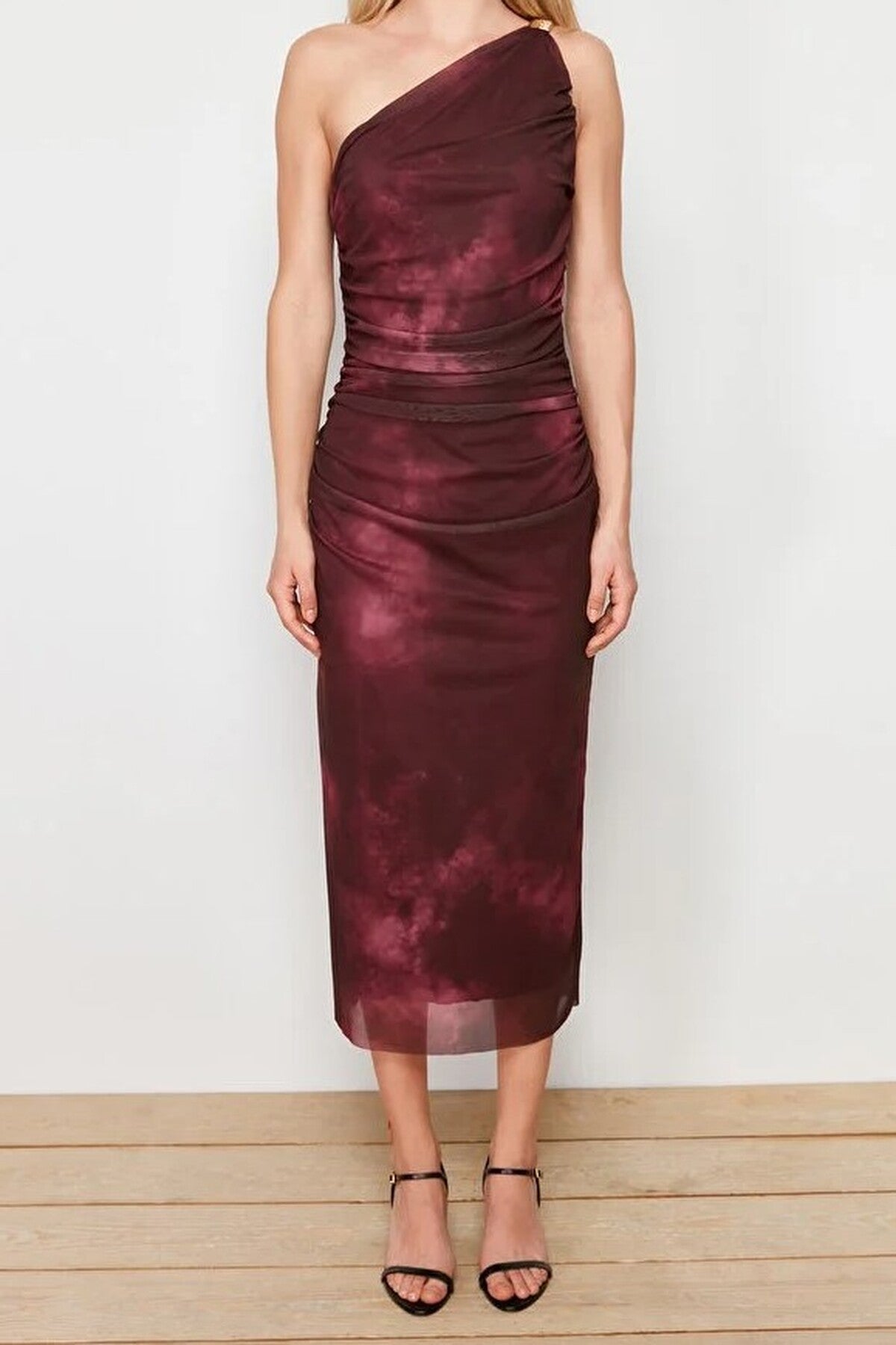 One-Sleeve Tulle Stretch Knit Midi Pencil Dress with Accessory Details