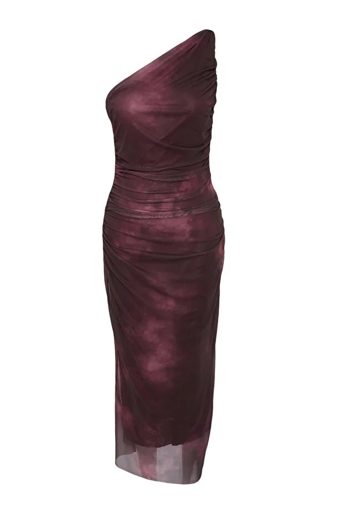 One-Sleeve Tulle Stretch Knit Midi Pencil Dress with Accessory Details