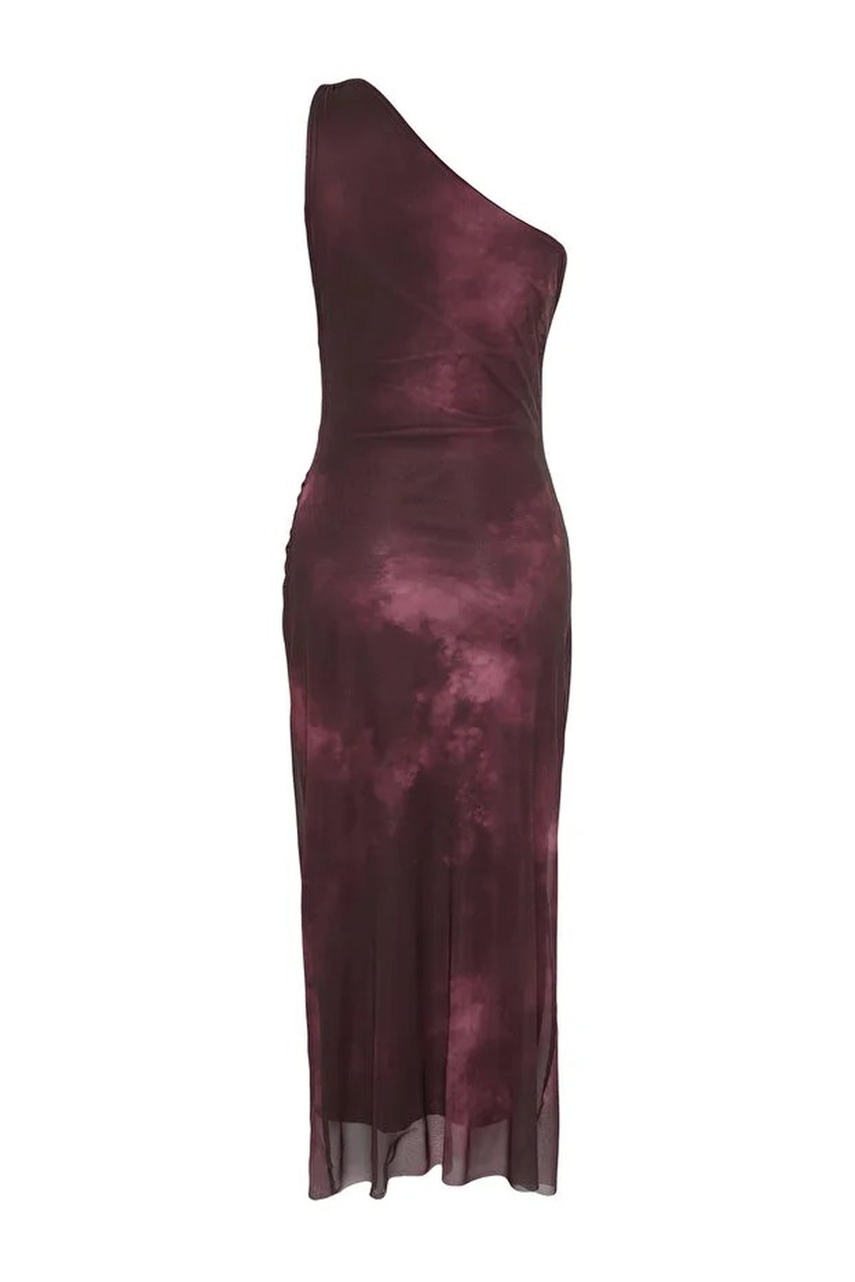 One-Sleeve Tulle Stretch Knit Midi Pencil Dress with Accessory Details