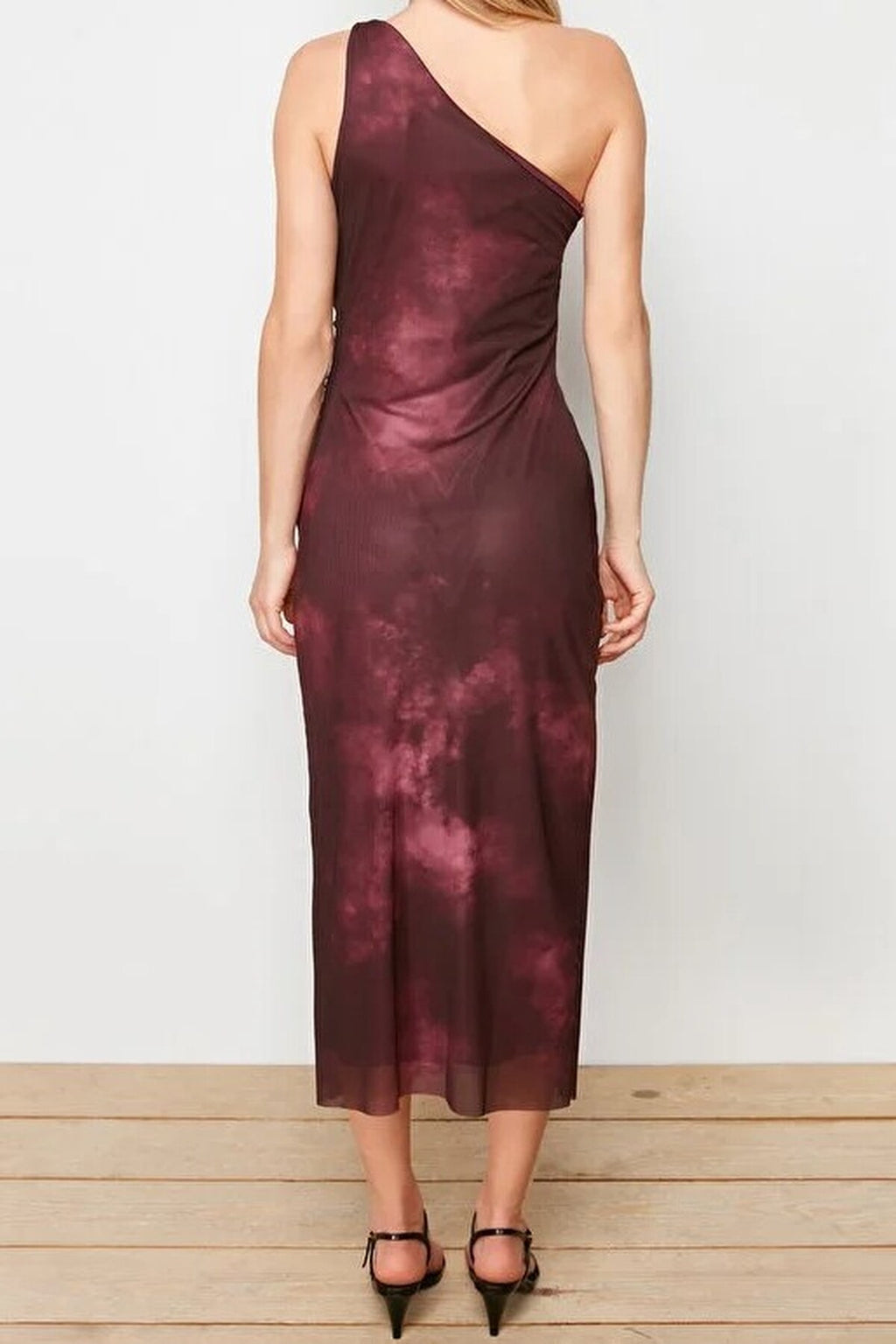 One-Sleeve Tulle Stretch Knit Midi Pencil Dress with Accessory Details