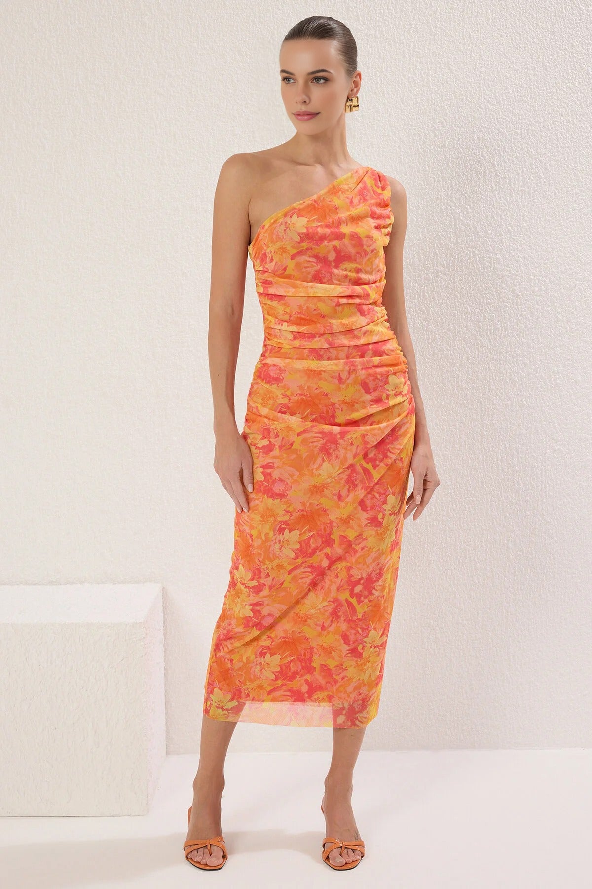 One-Sleeve Tulle Stretch Knit Midi Pencil Dress with Accessory Details