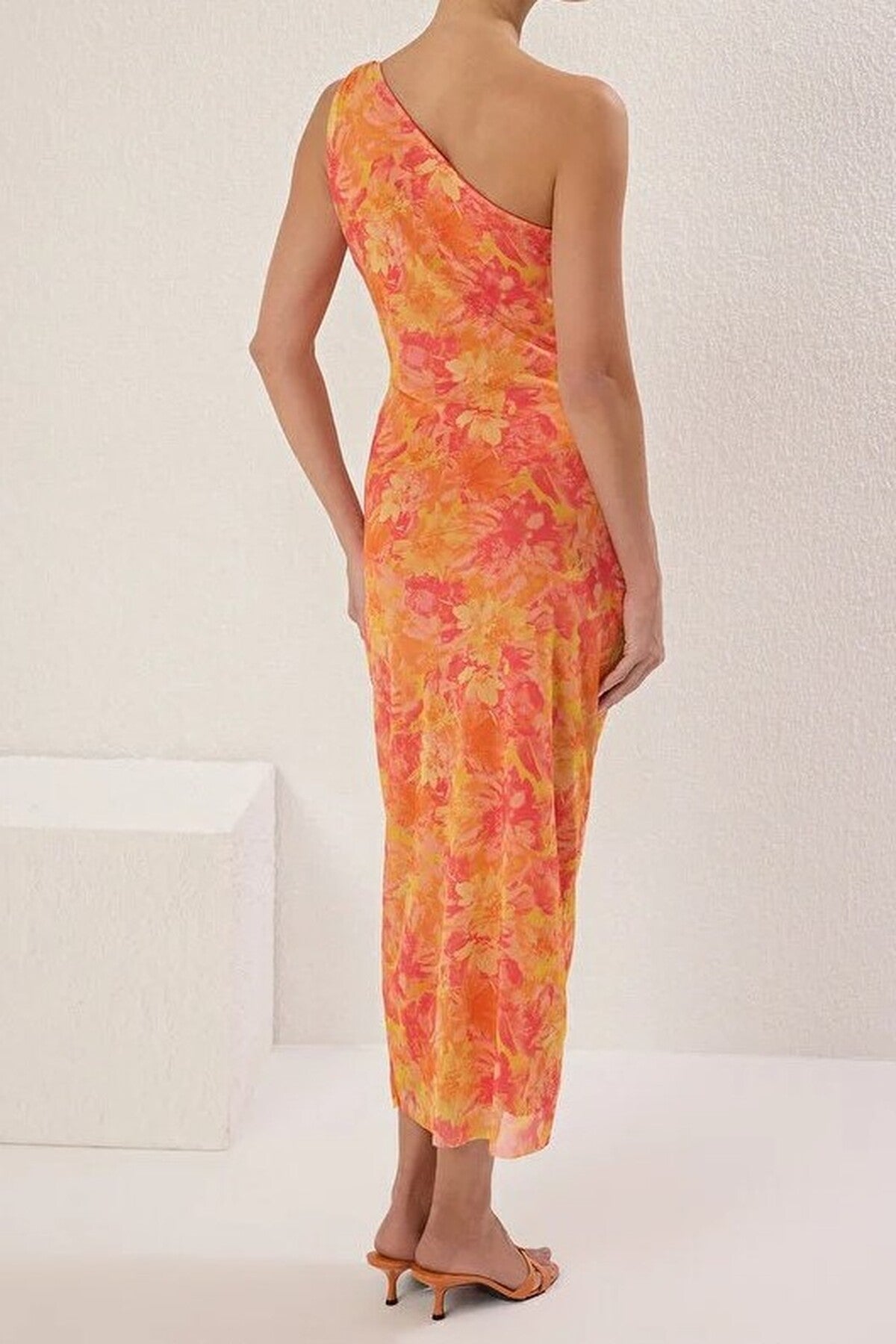 One-Sleeve Tulle Stretch Knit Midi Pencil Dress with Accessory Details