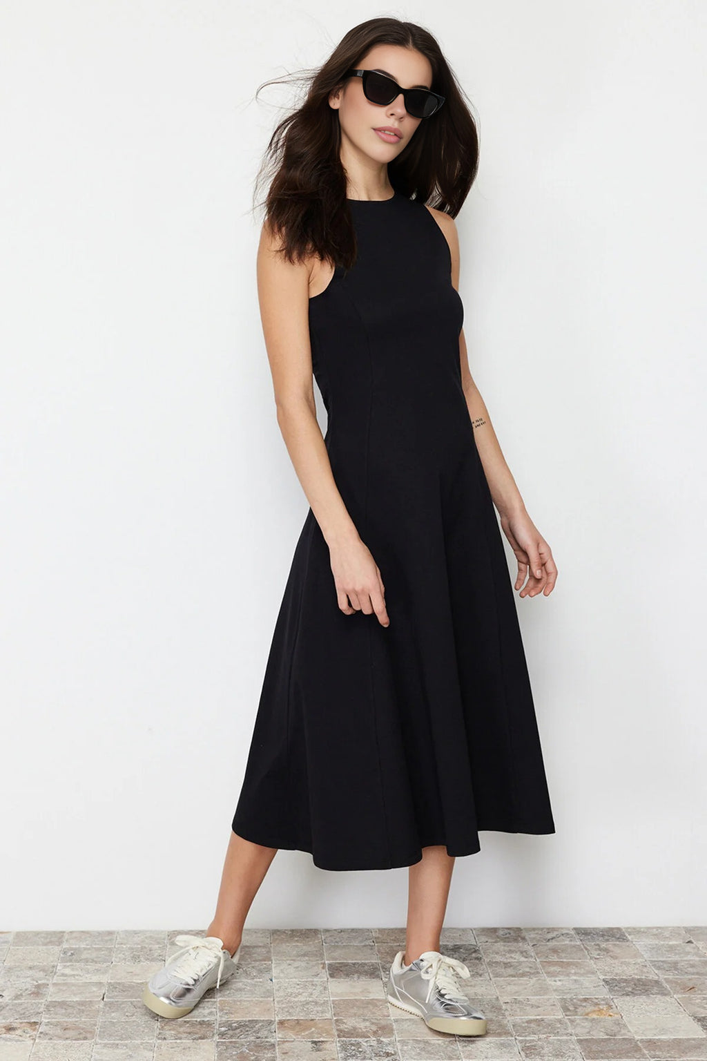 Boat Neck Sleeveless Skater Midi Dress