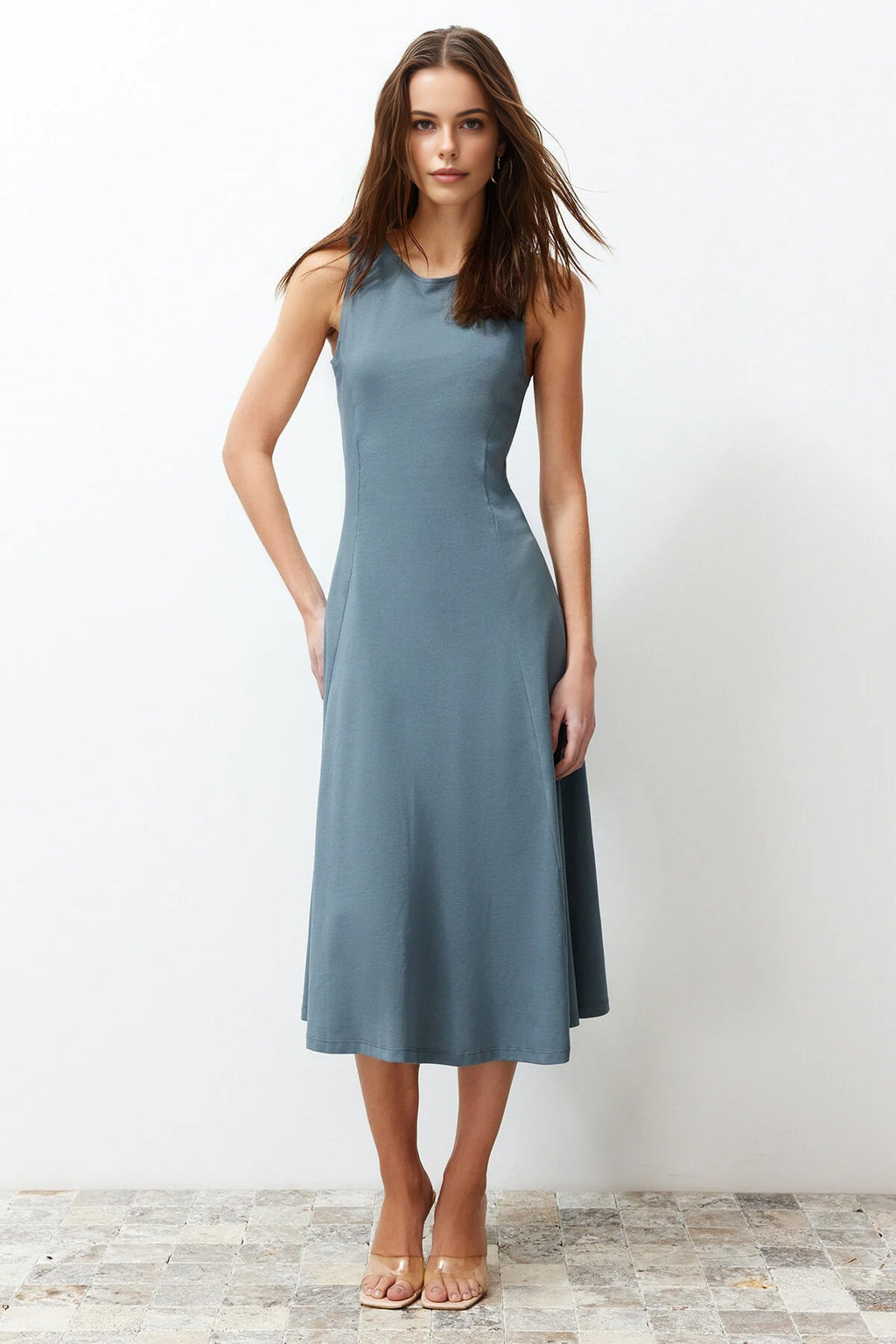 Boat Neck Sleeveless Skater Midi Dress