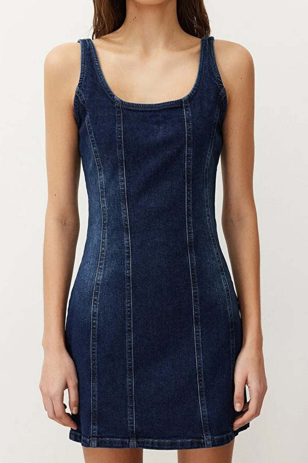 Stitching Detail Fitted Mini Stretch Denim Dress
