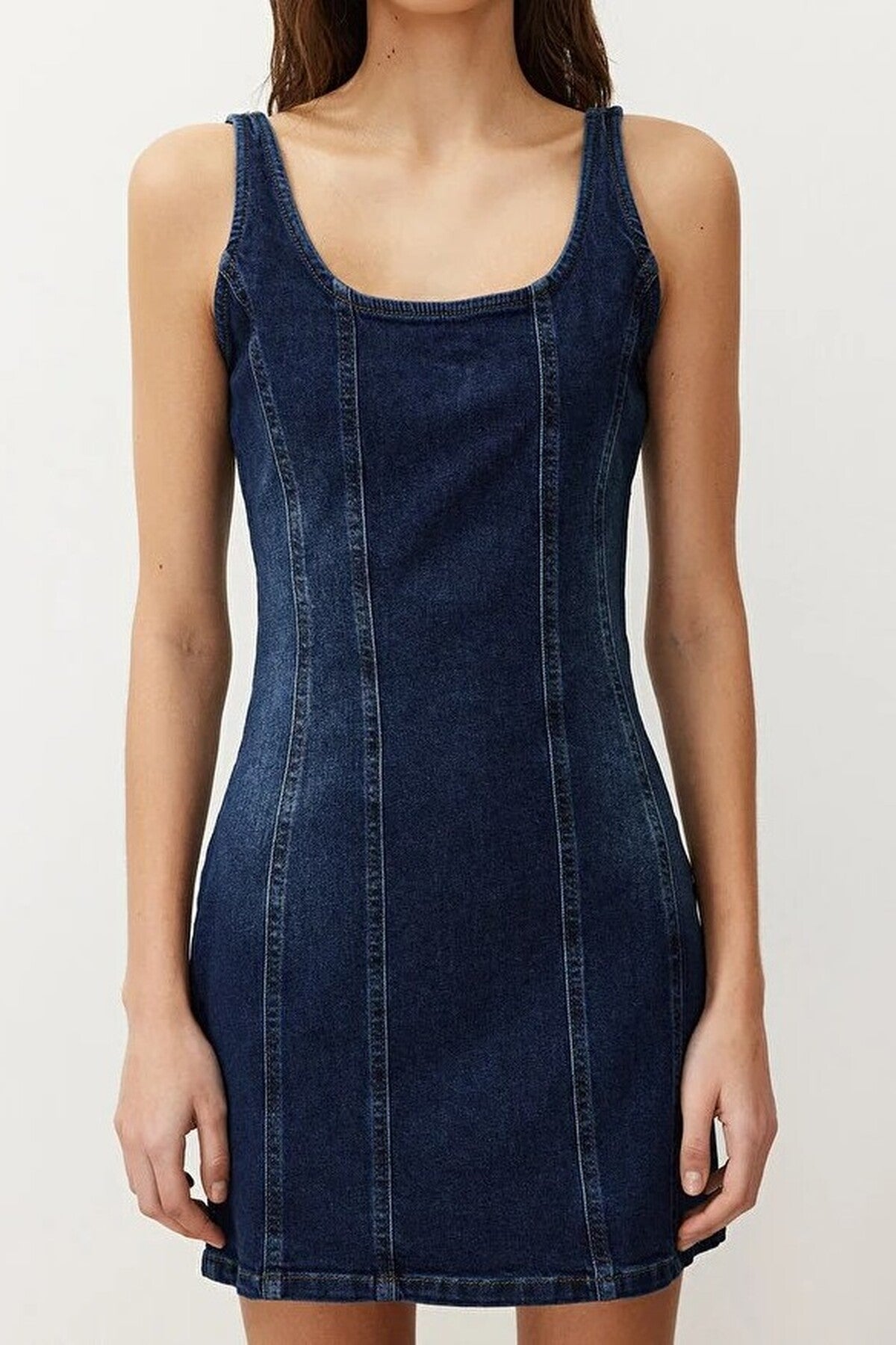 Stitching Detail Fitted Mini Stretch Denim Dress