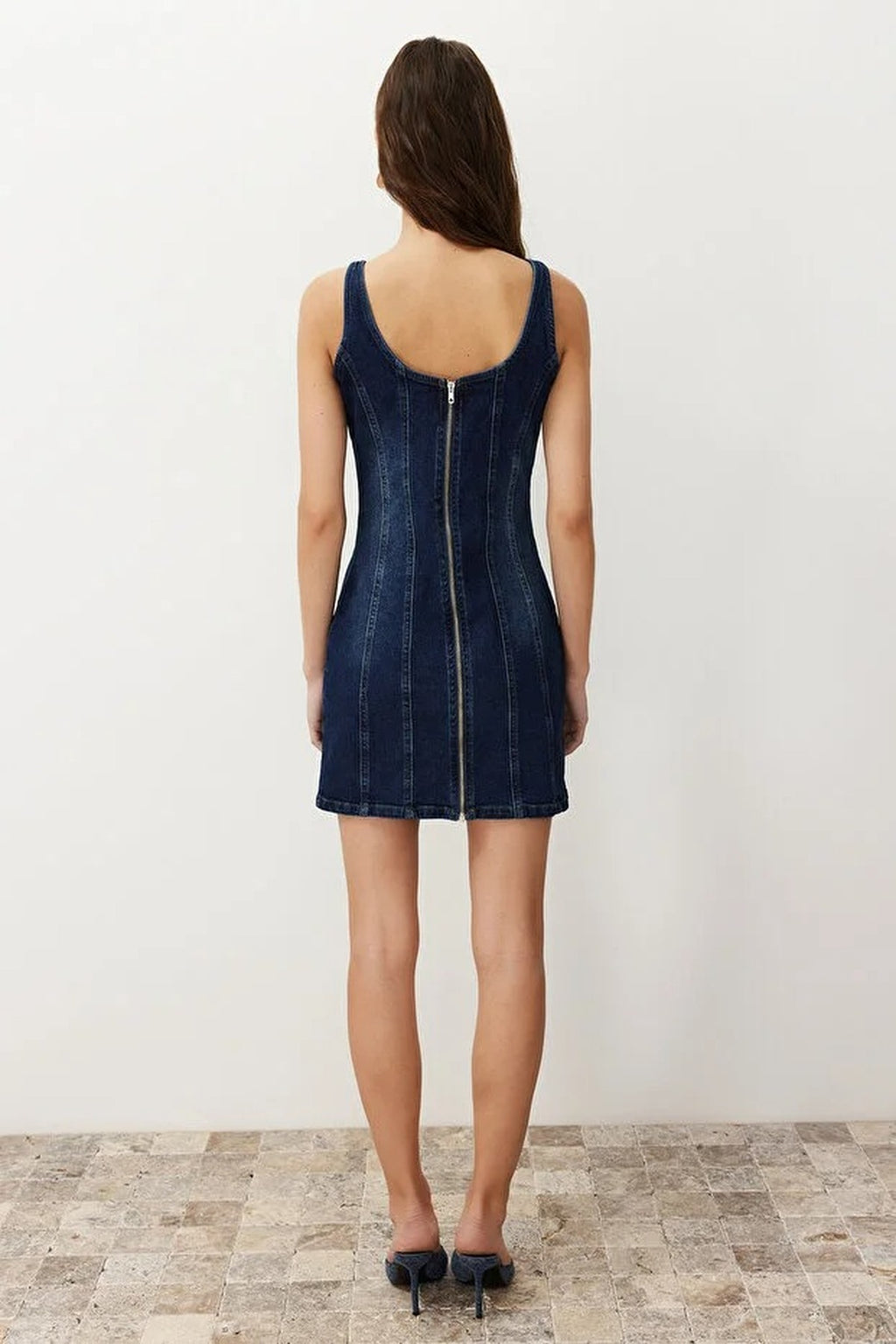 Stitching Detail Fitted Mini Stretch Denim Dress