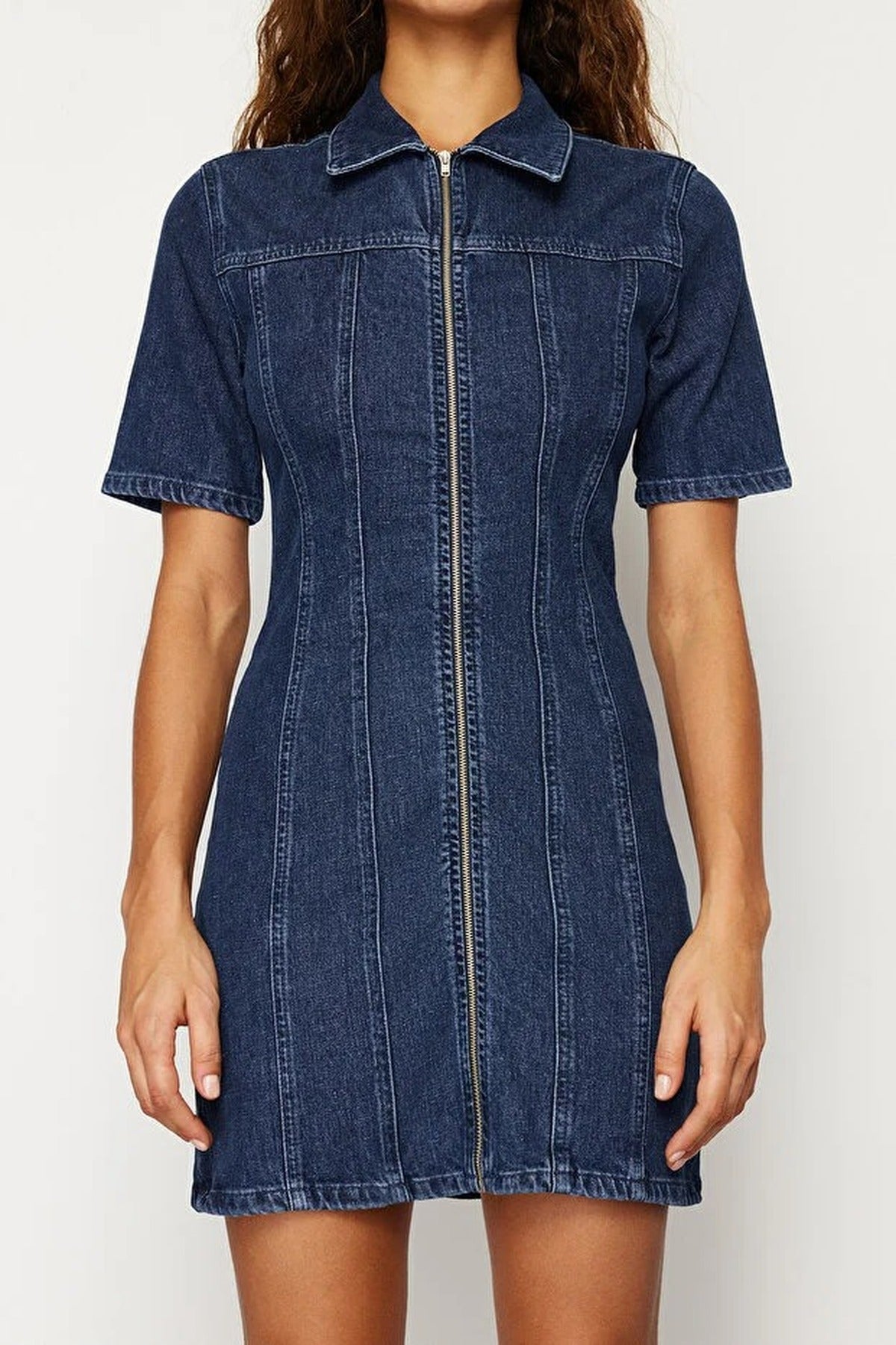 Zip-Up Fitted Mini Flexible Denim Dress