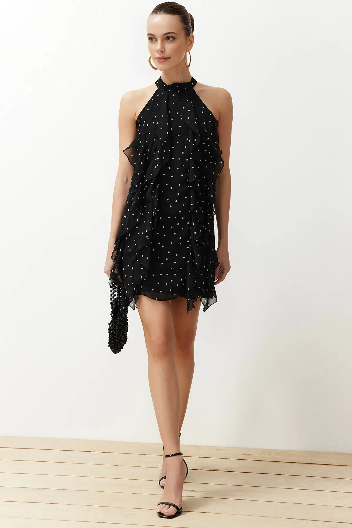 Polka Dot Ruffled Chiffon Lined Mini Woven Dress
