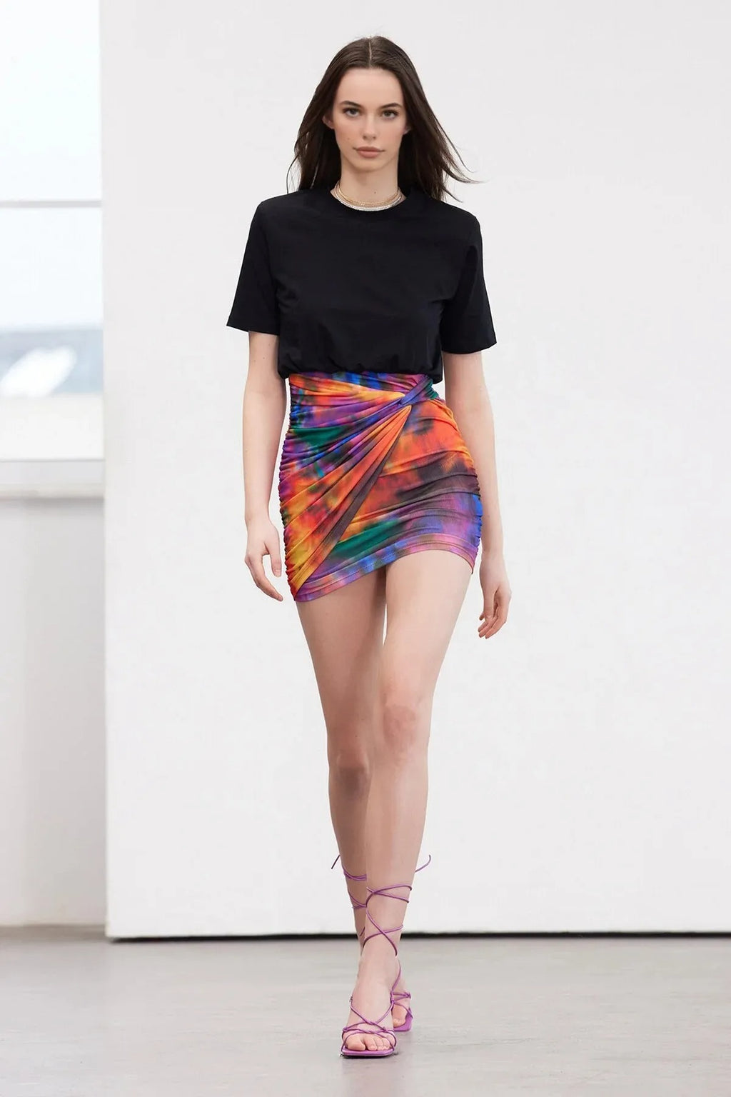 Patterned Ruched Stretch Knit Mini Dress