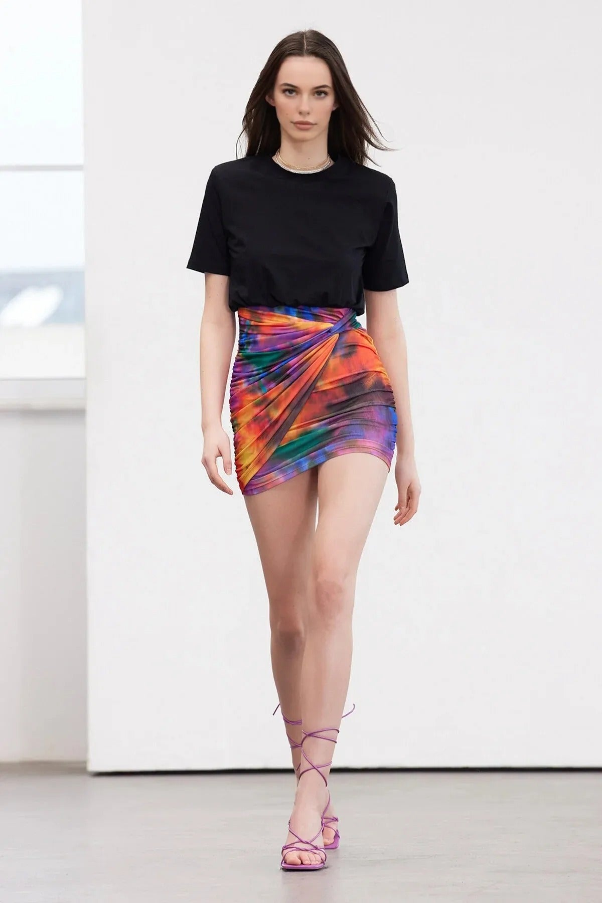Patterned Ruched Stretch Knit Mini Dress