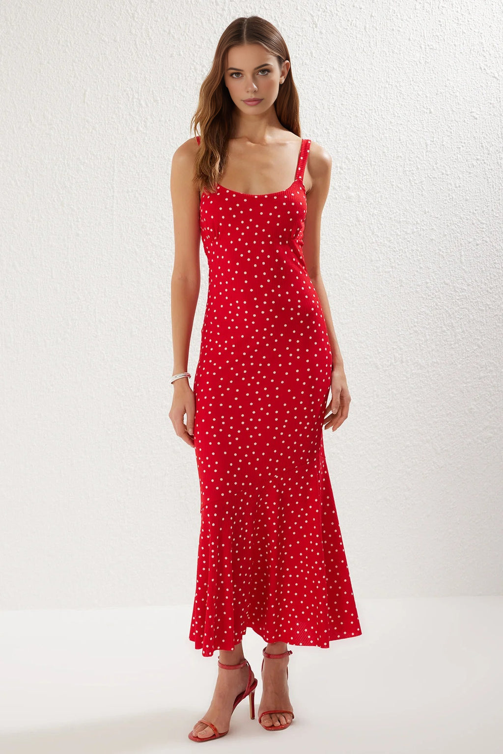 Polka Dot Strappy Fitting Knit Maxi Pencil Dress