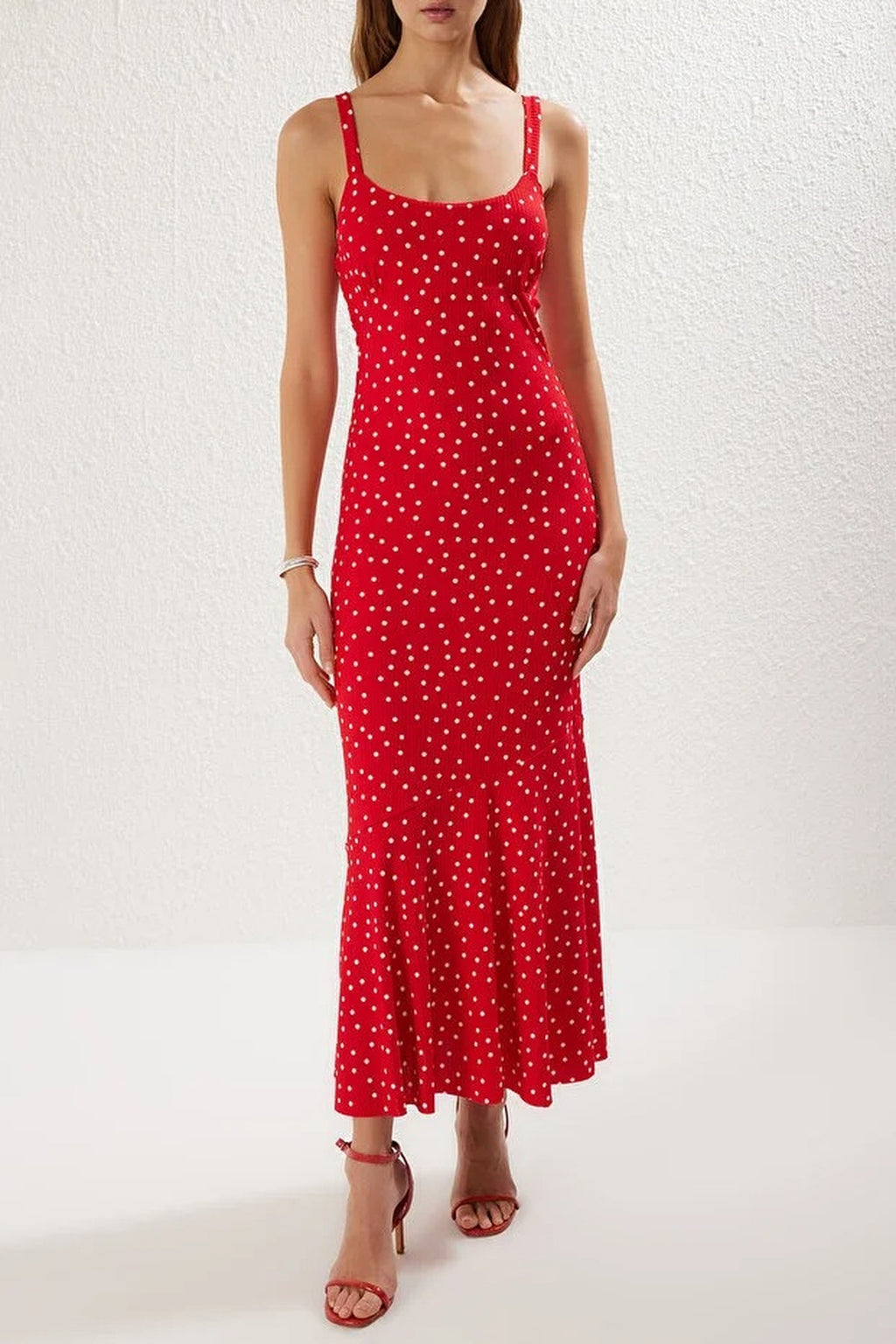 Polka Dot Strappy Fitting Knit Maxi Pencil Dress