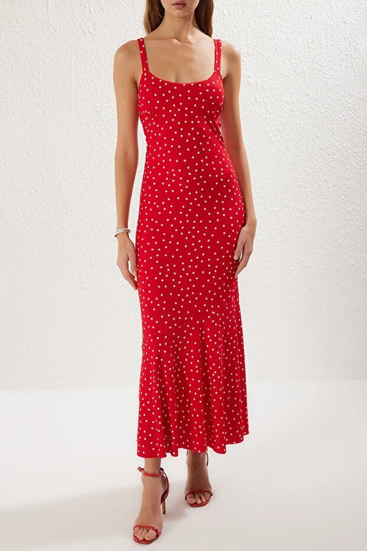 Polka Dot Strappy Fitting Knit Maxi Pencil Dress