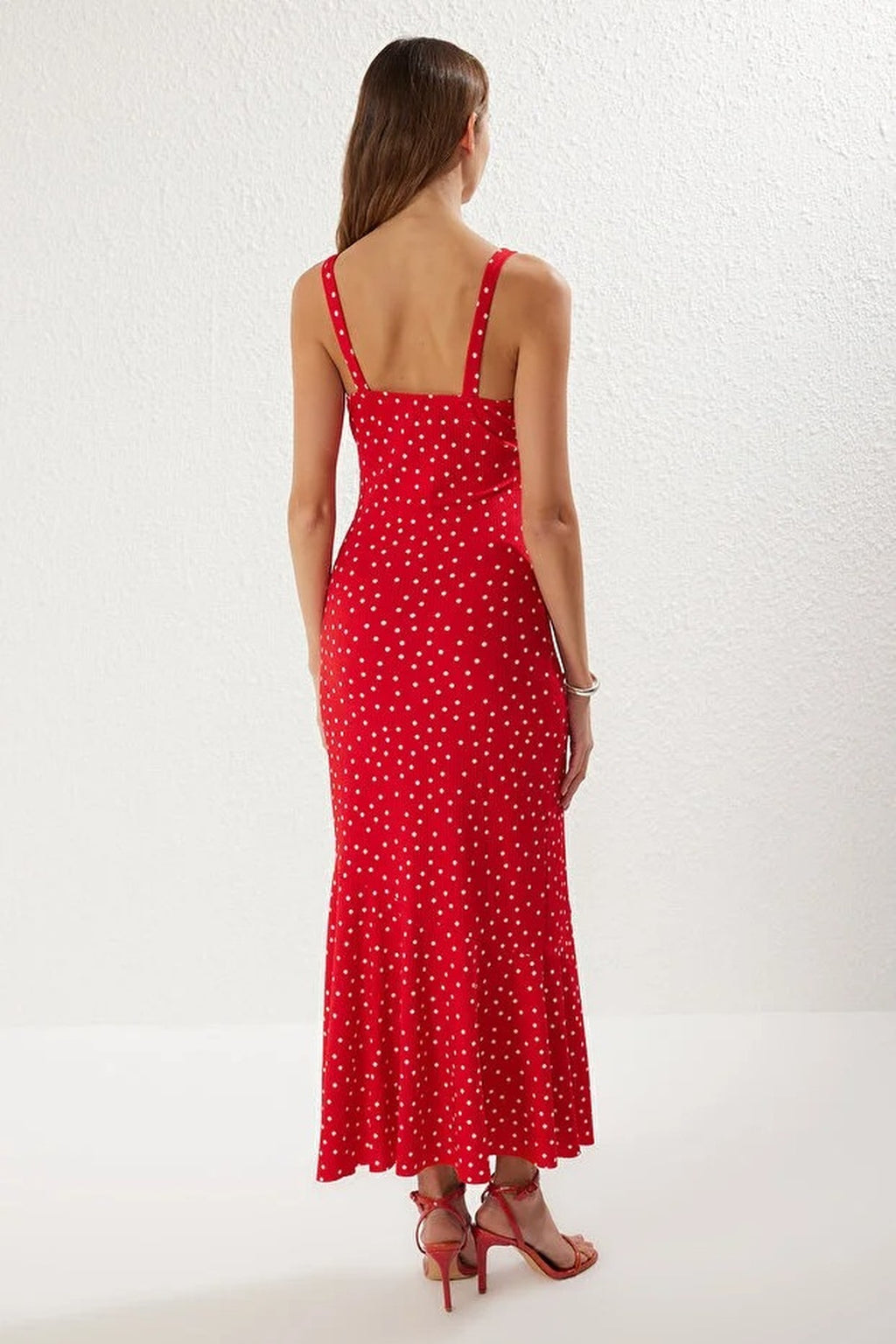Polka Dot Strappy Fitting Knit Maxi Pencil Dress