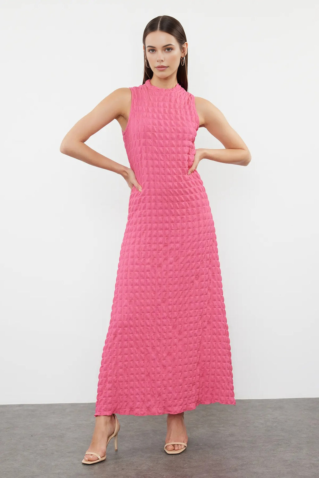 Plain Textured A-Line Neckline Textured Maxi Dress