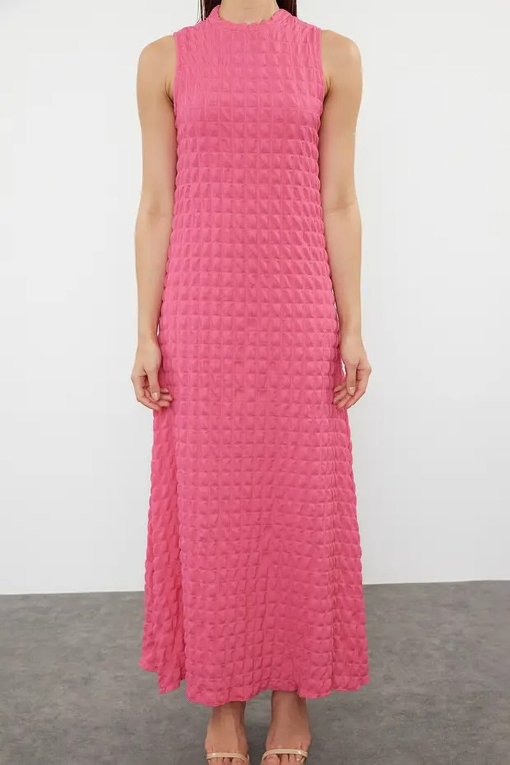 Plain Textured A-Line Neckline Textured Maxi Dress