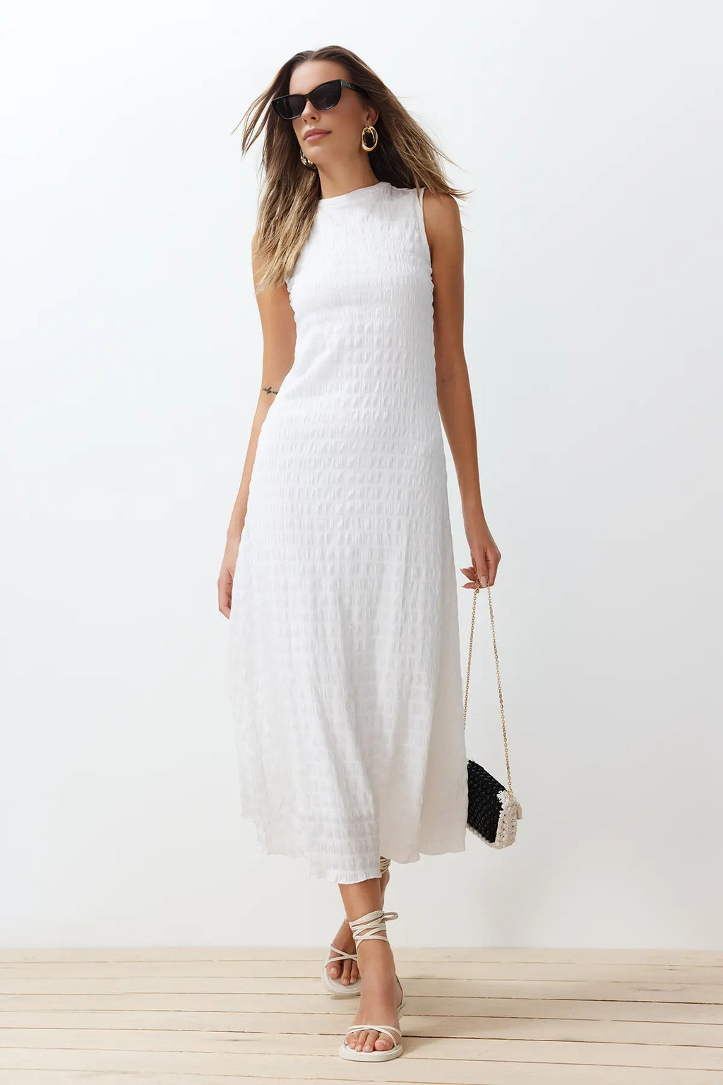 Plain Textured A-Line Neckline Textured Maxi Dress