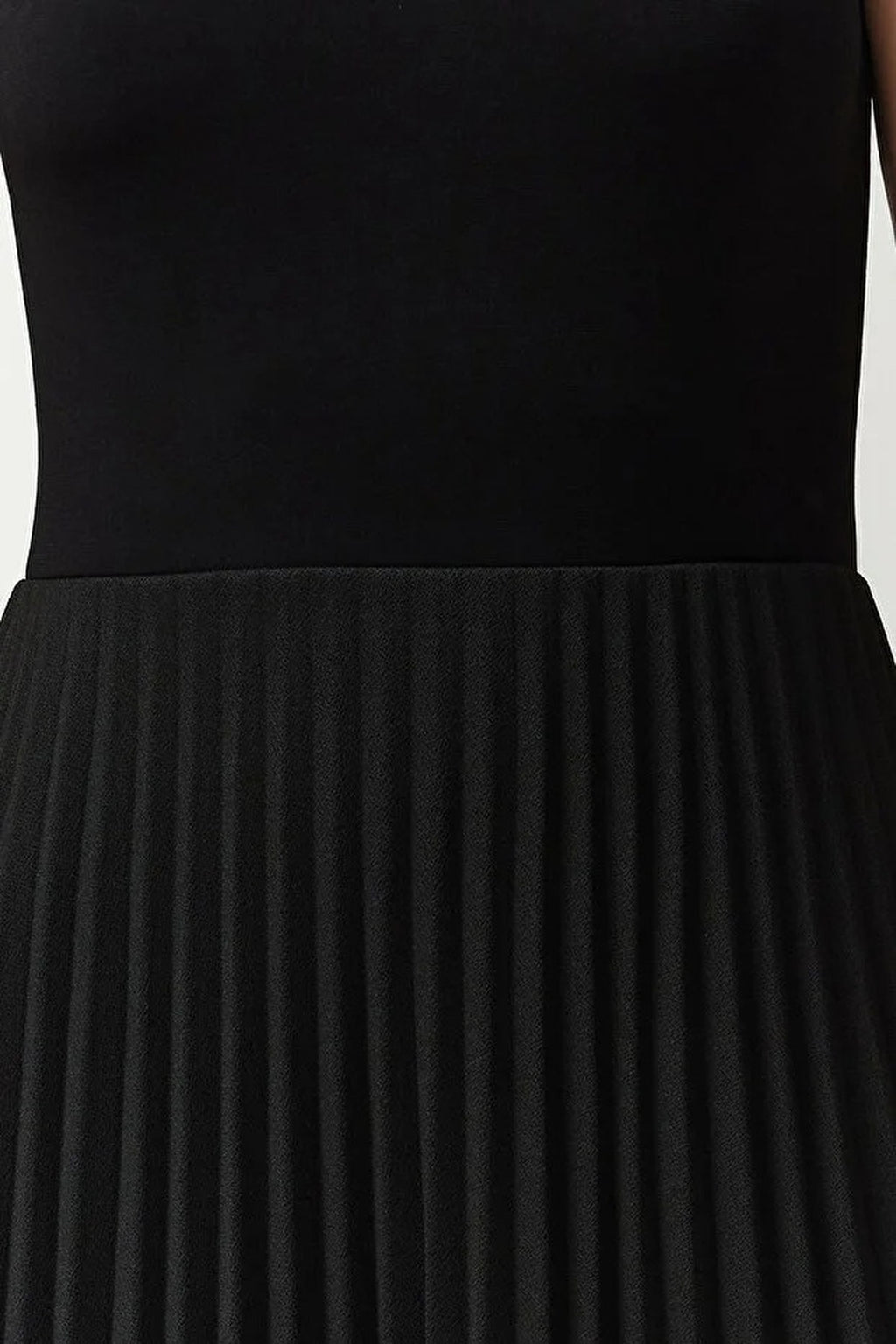 Pleated Lined Sleeveless Stretch Knit Midi Dress