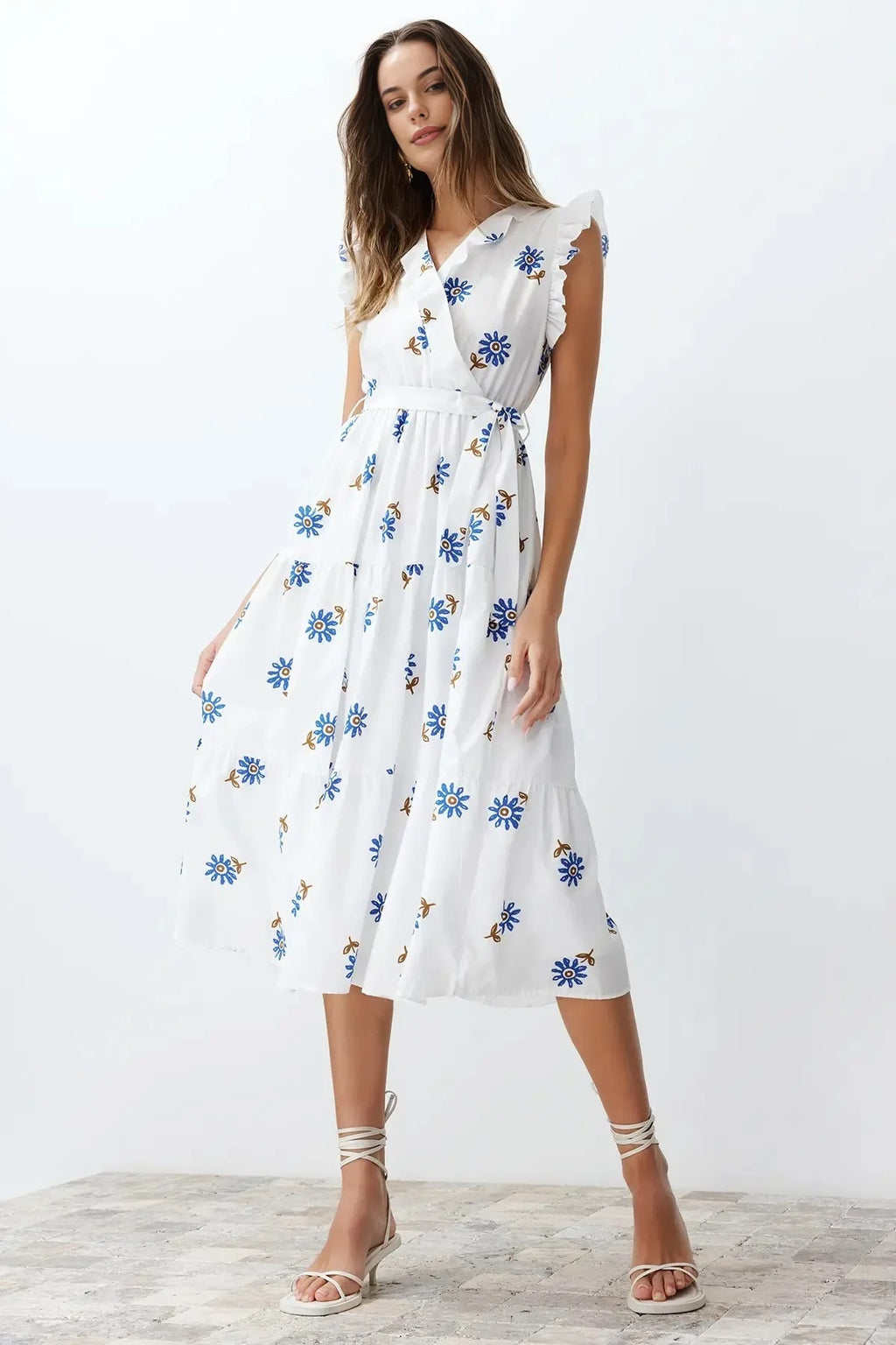 Belted A-line Wrap Neckline Lined Midi Woven Dress