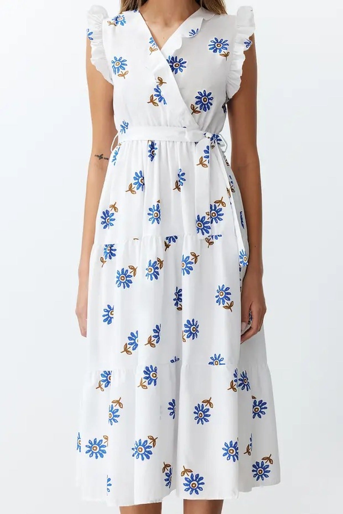 Belted A-line Wrap Neckline Lined Midi Woven Dress