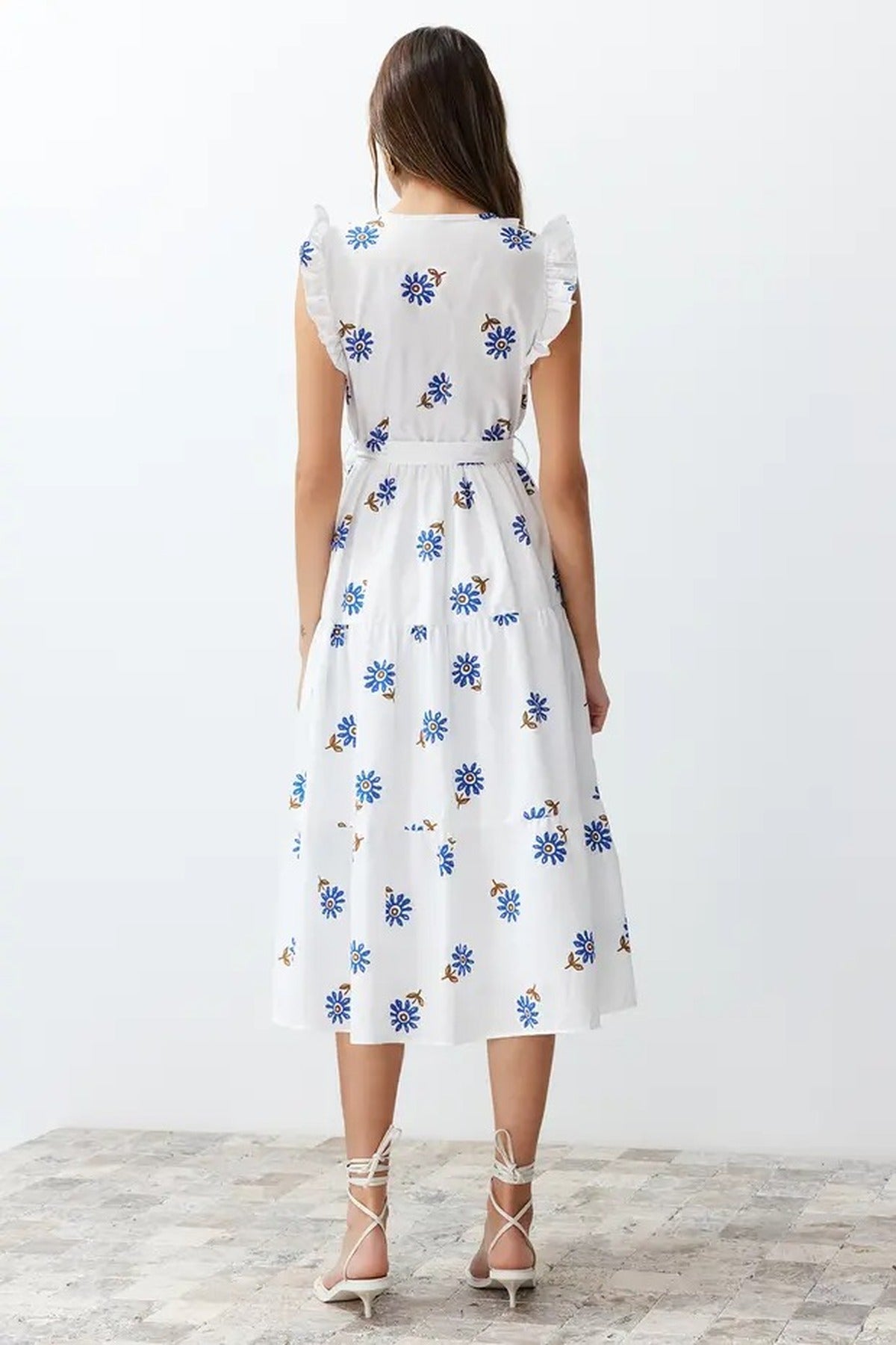 Belted A-line Wrap Neckline Lined Midi Woven Dress