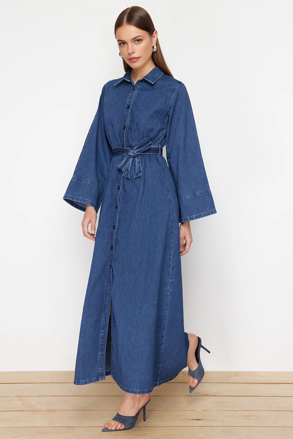 Belted Maxi Denim Shirt Dress