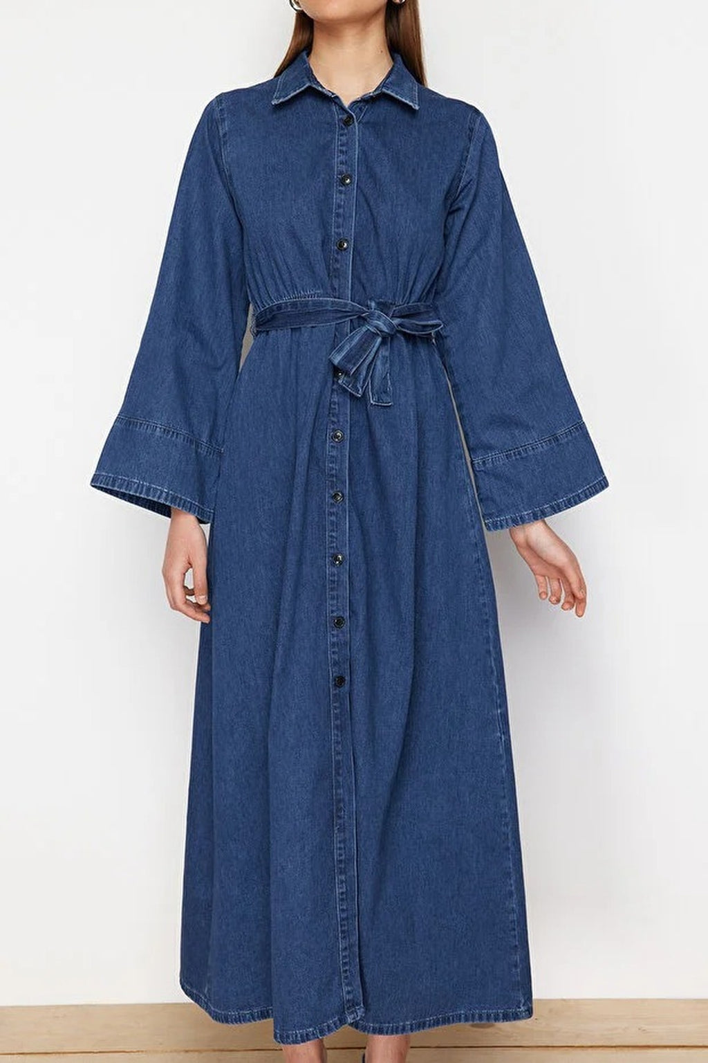 Belted Maxi Denim Shirt Dress