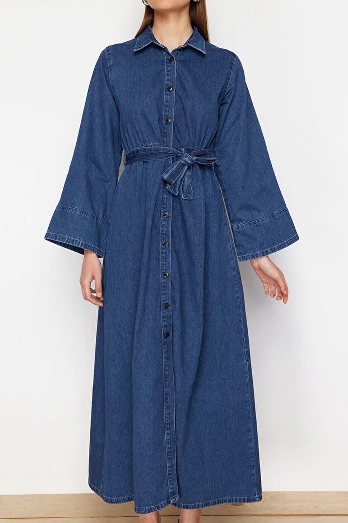 Belted Maxi Denim Shirt Dress