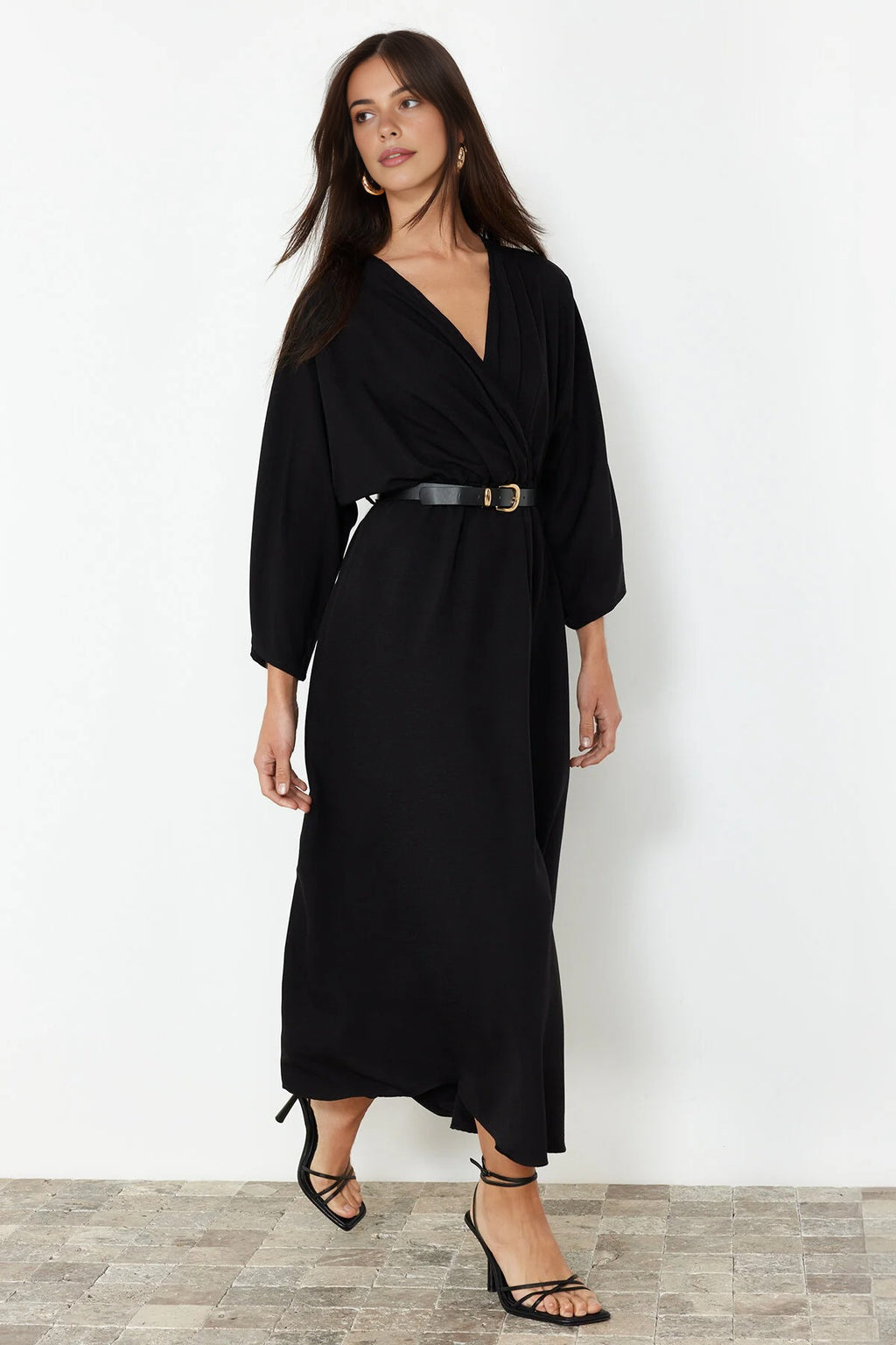 Belted A-Line Wrap Collar Batwing Sleeve Midi Dress