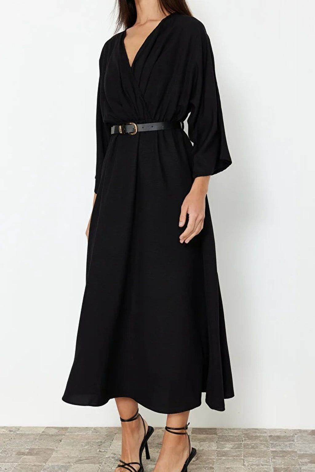 Belted A-Line Wrap Collar Batwing Sleeve Midi Dress