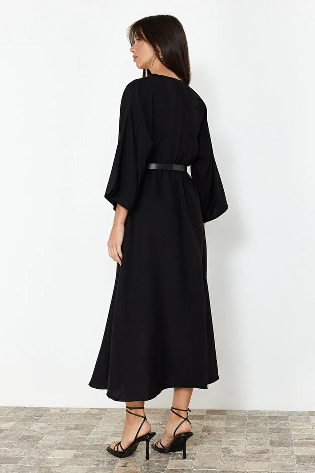 Belted A-Line Wrap Collar Batwing Sleeve Midi Dress