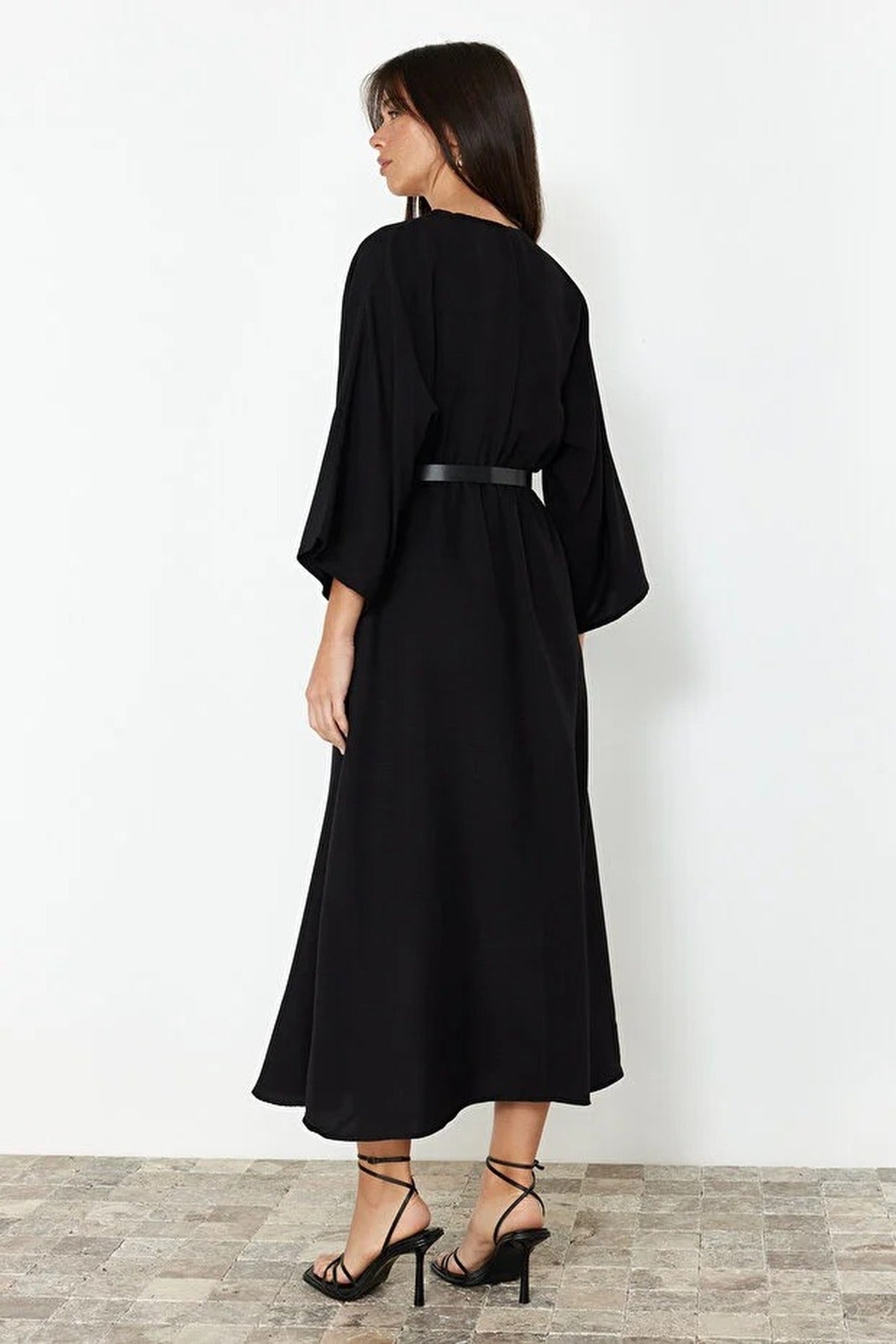 Belted A-Line Wrap Collar Batwing Sleeve Midi Dress