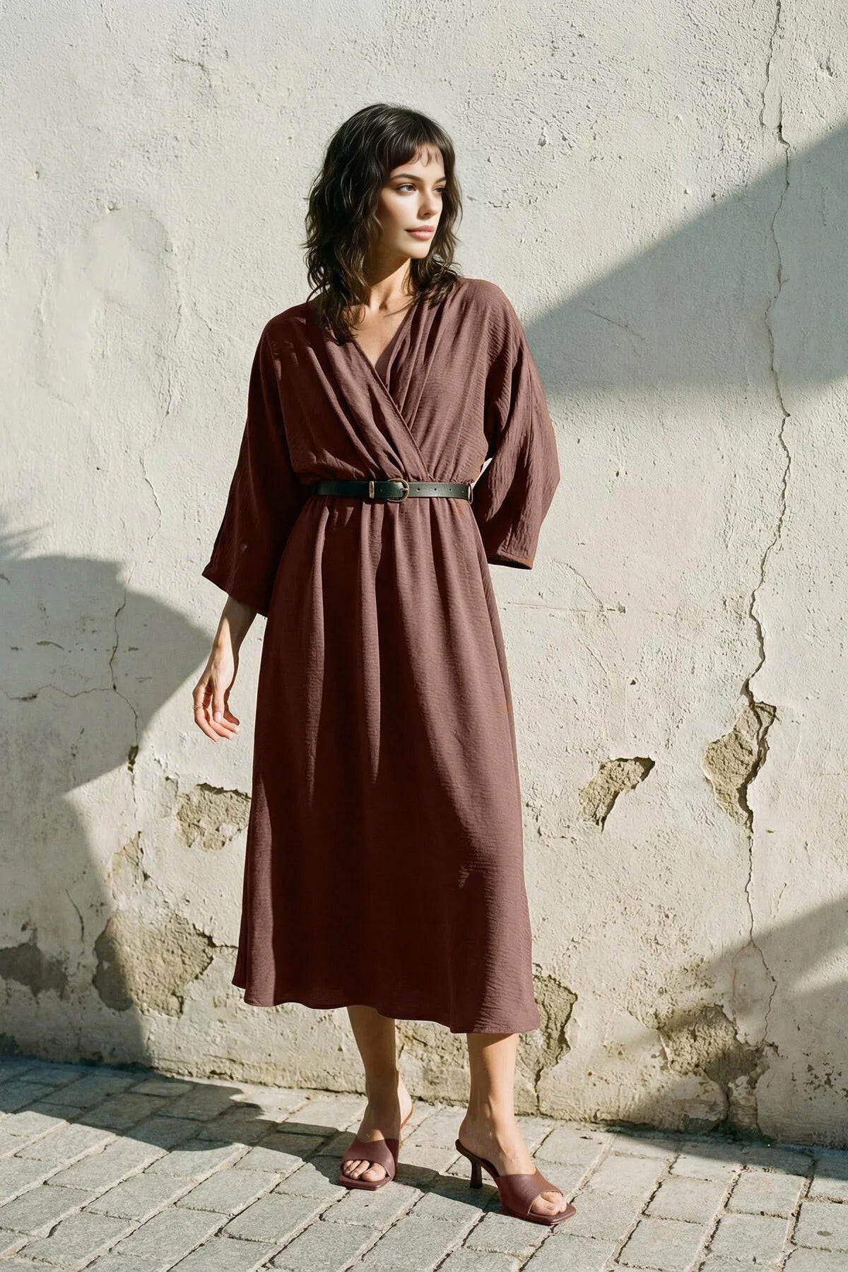 Belted A-Line Wrap Collar Batwing Sleeve Midi Dress