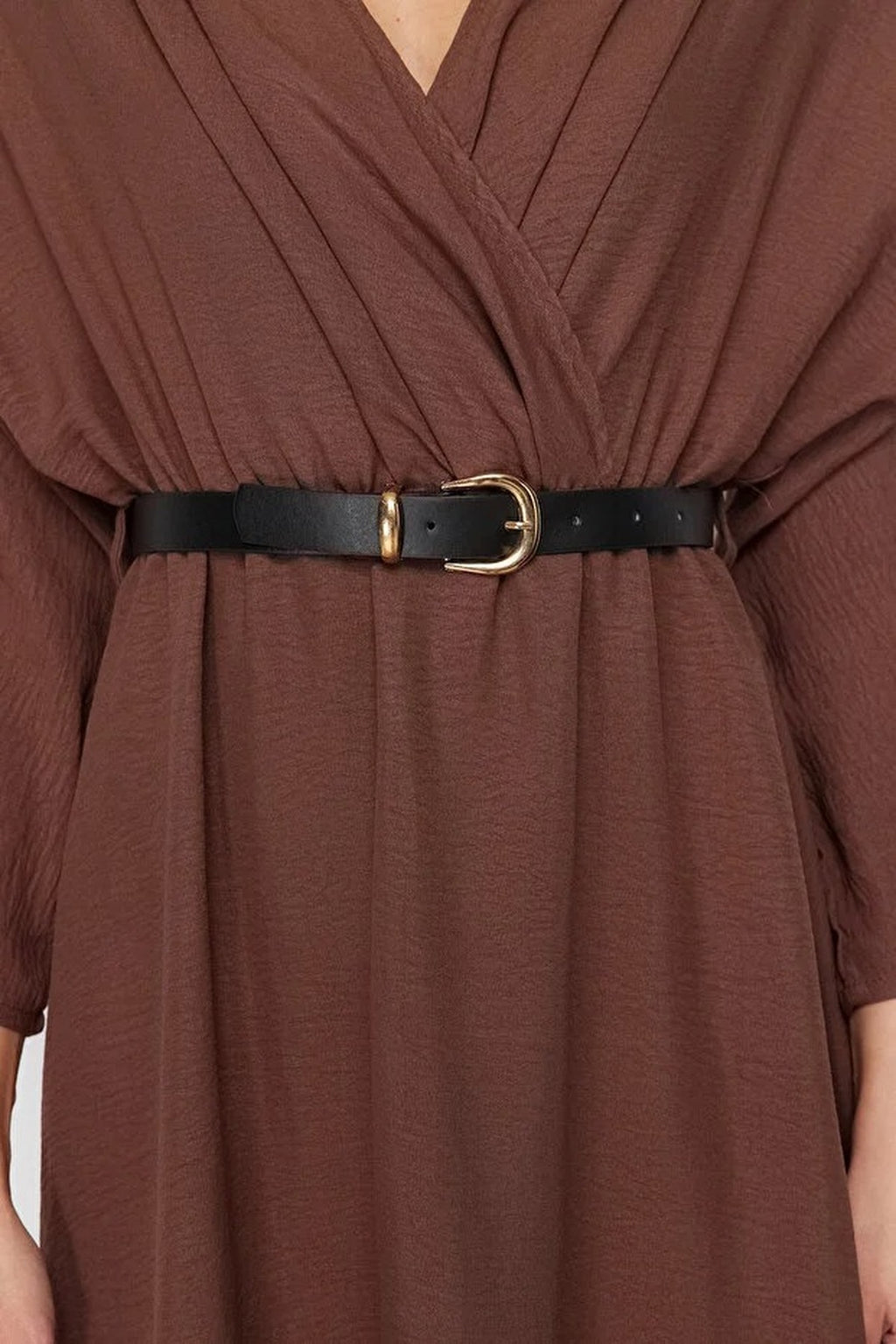 Belted A-Line Wrap Collar Batwing Sleeve Midi Dress