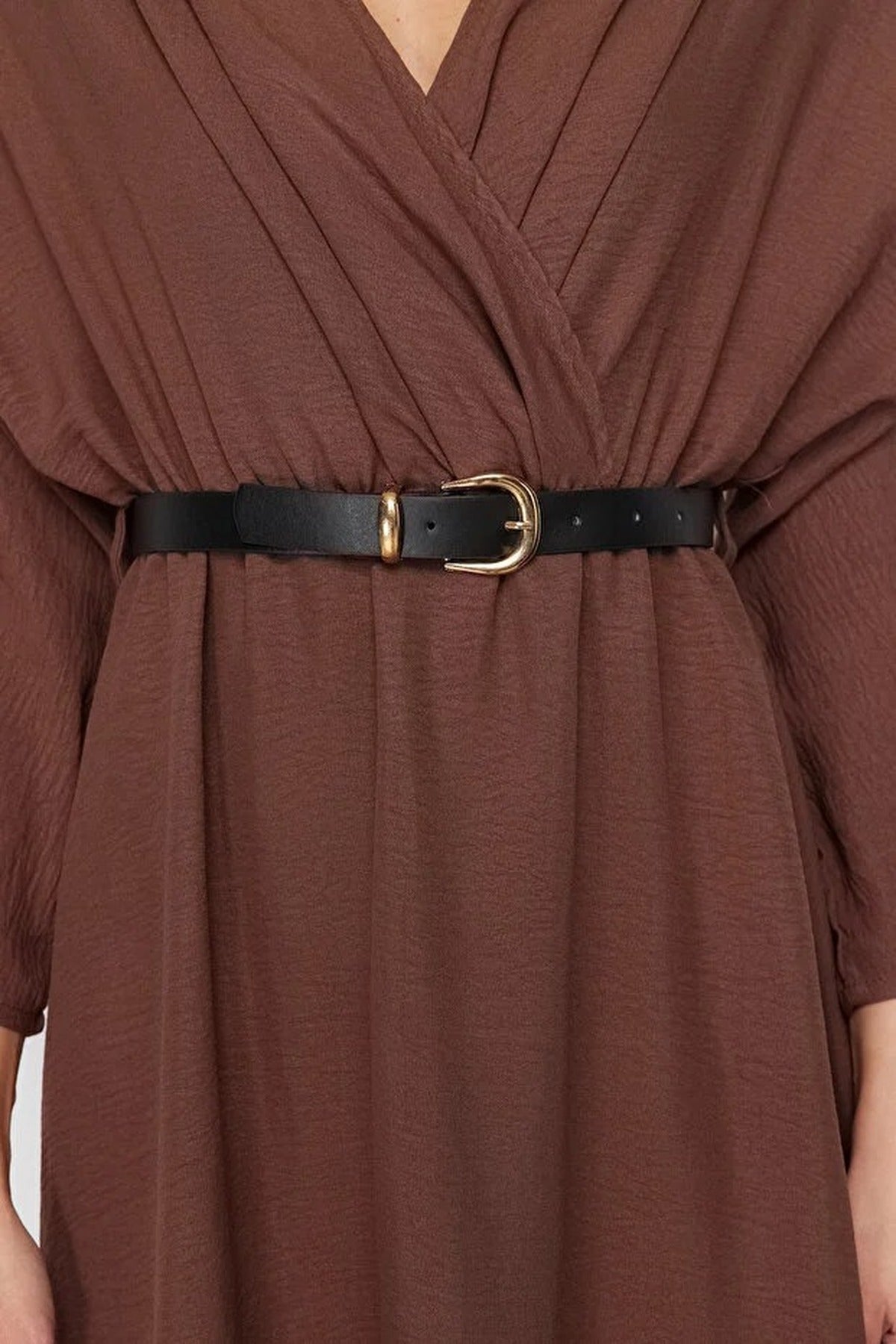 Belted A-Line Wrap Collar Batwing Sleeve Midi Dress