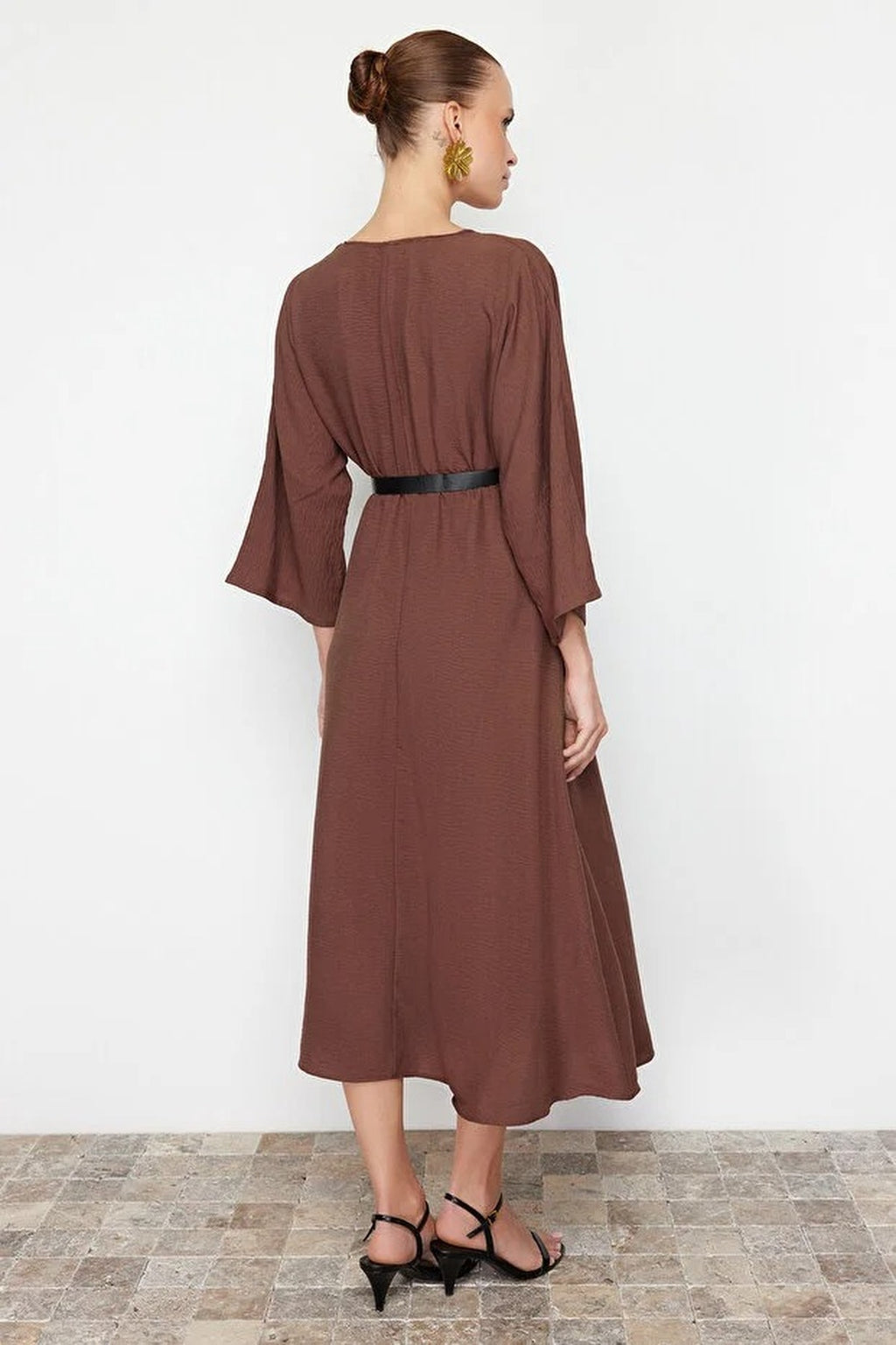 Belted A-Line Wrap Collar Batwing Sleeve Midi Dress