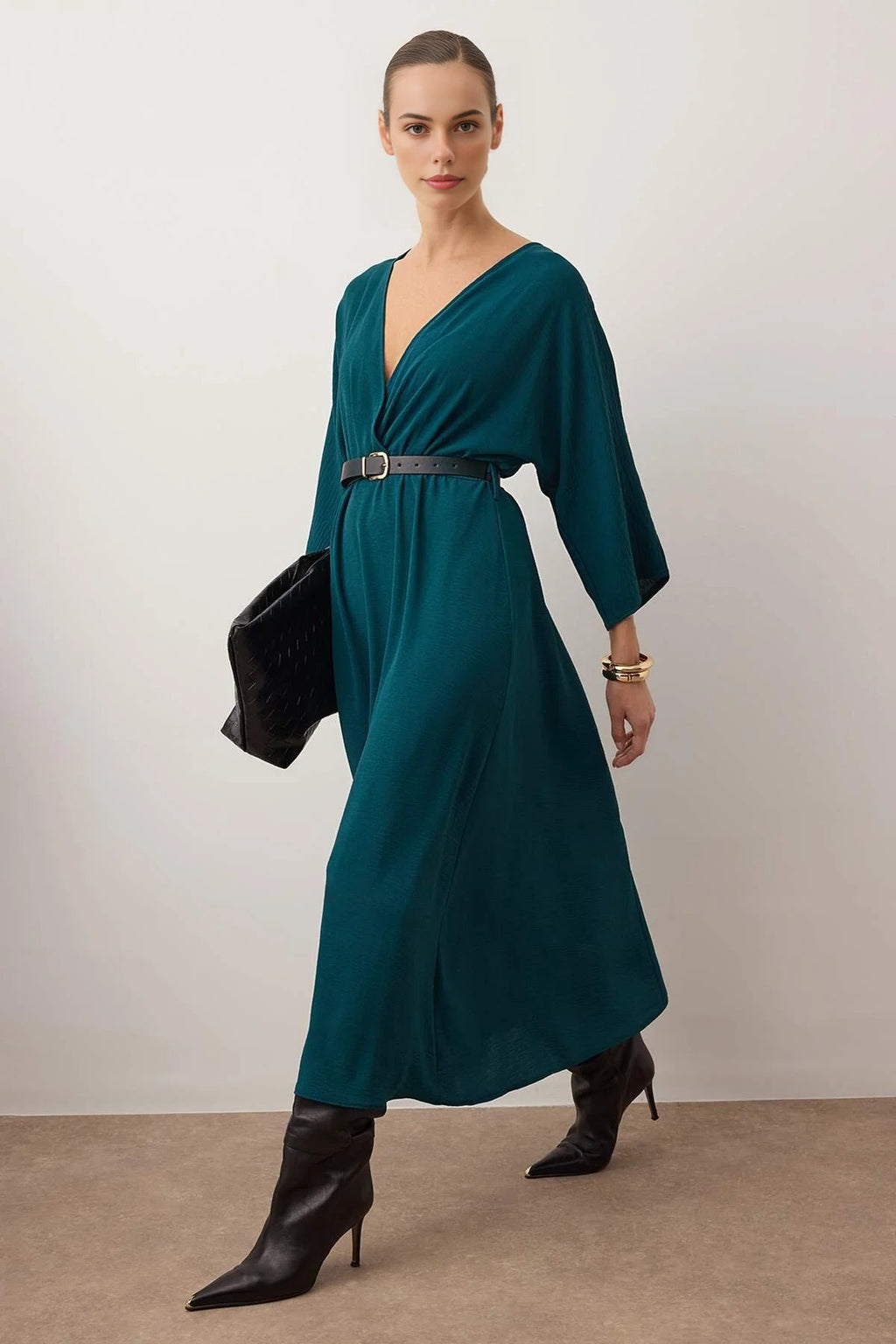 Belted A-Line Wrap Collar Batwing Sleeve Midi Dress