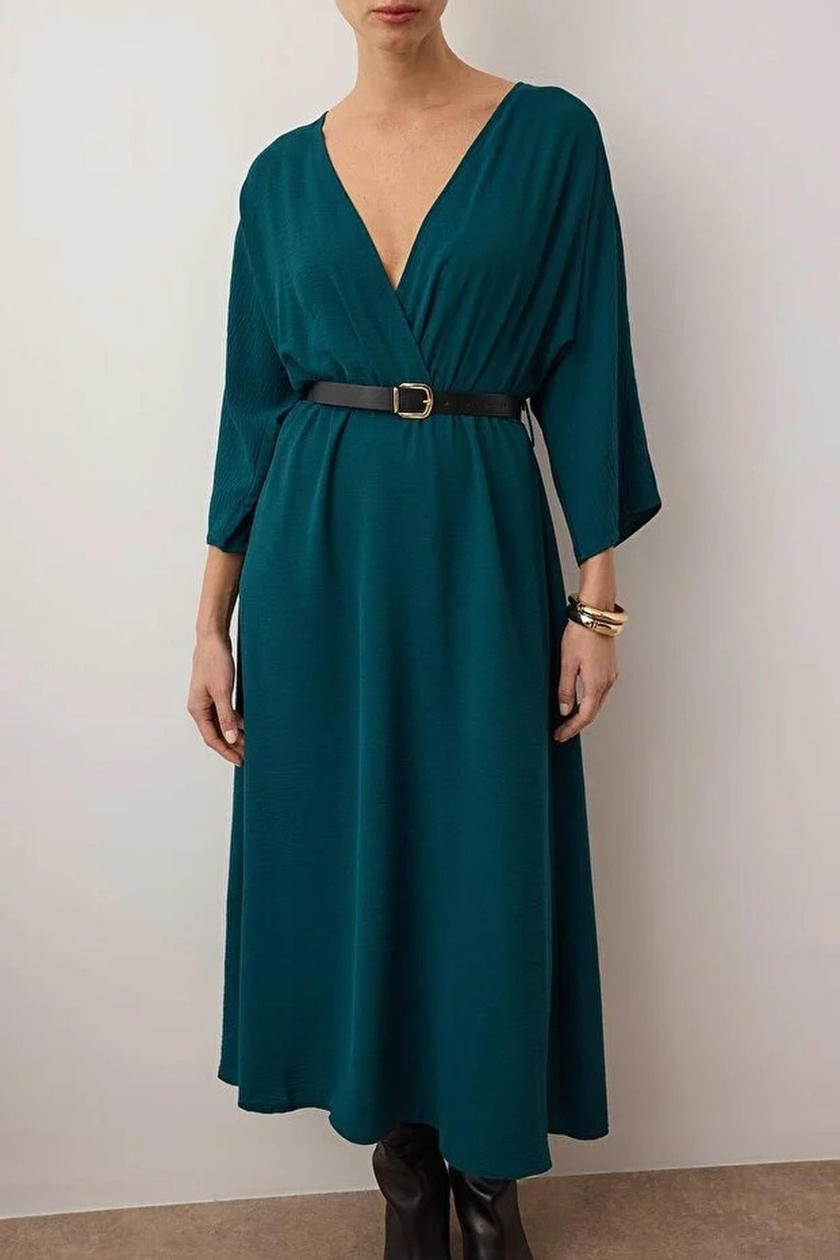 Belted A-Line Wrap Collar Batwing Sleeve Midi Dress