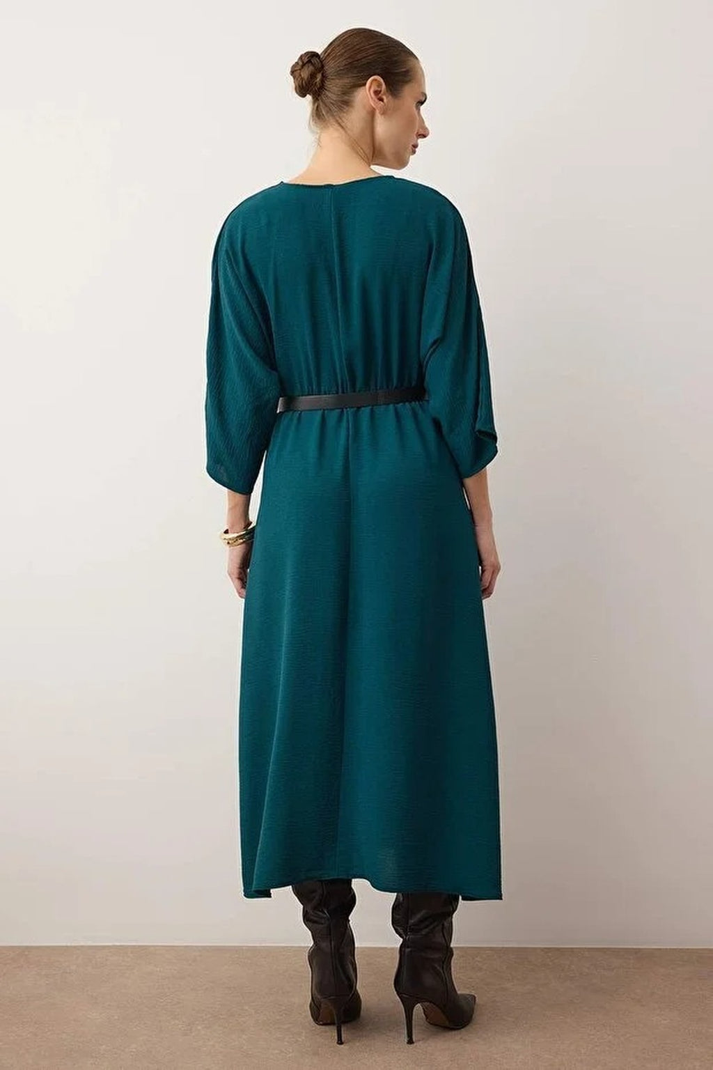 Belted A-Line Wrap Collar Batwing Sleeve Midi Dress