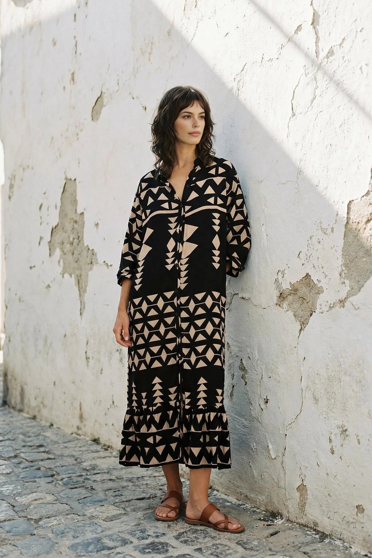 Midi Wide Fit Ethnic Border Detail Boho Woven Dress