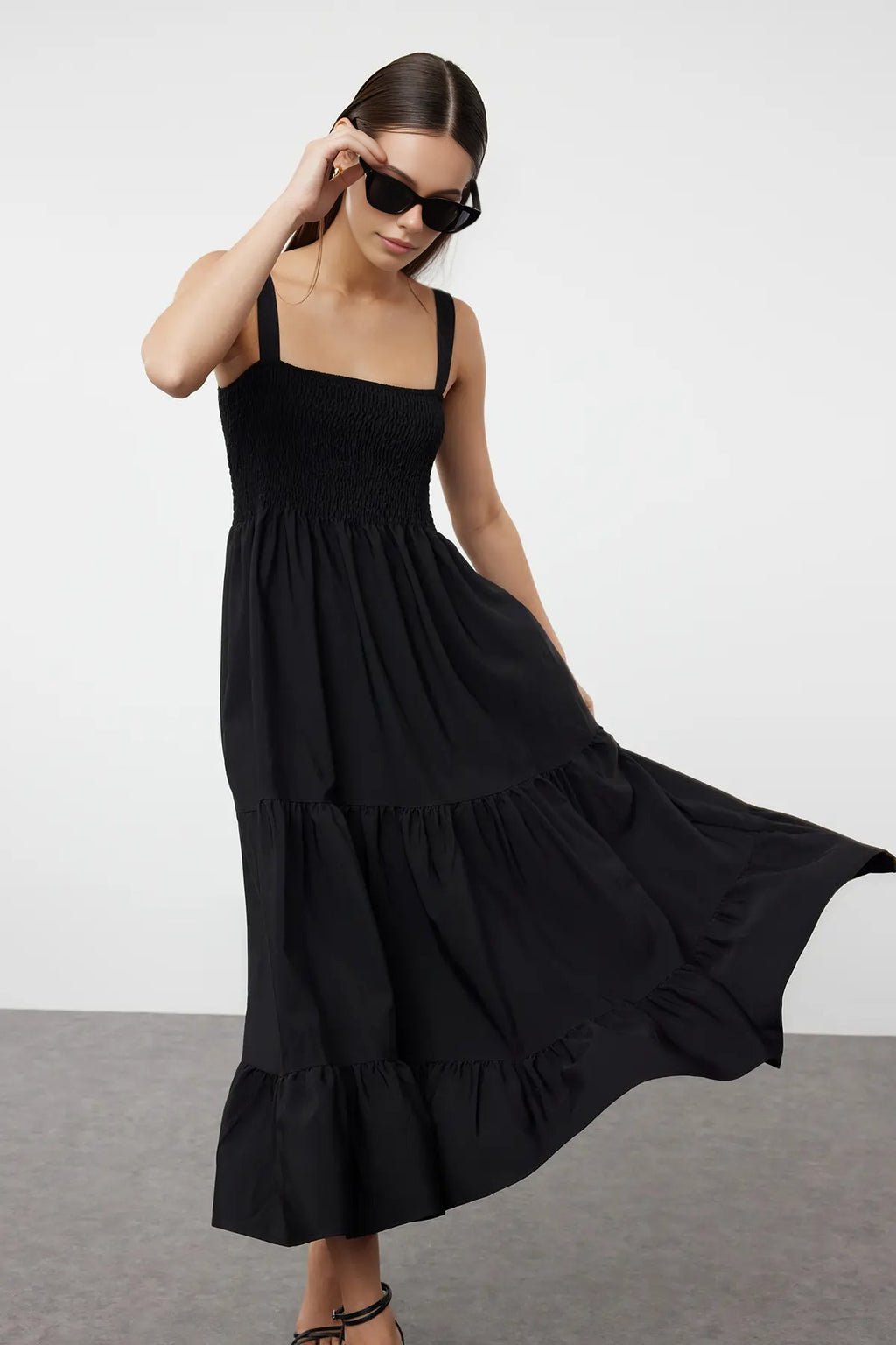 Ruched Square Neck Thick Strap A-Line Maxi Dress