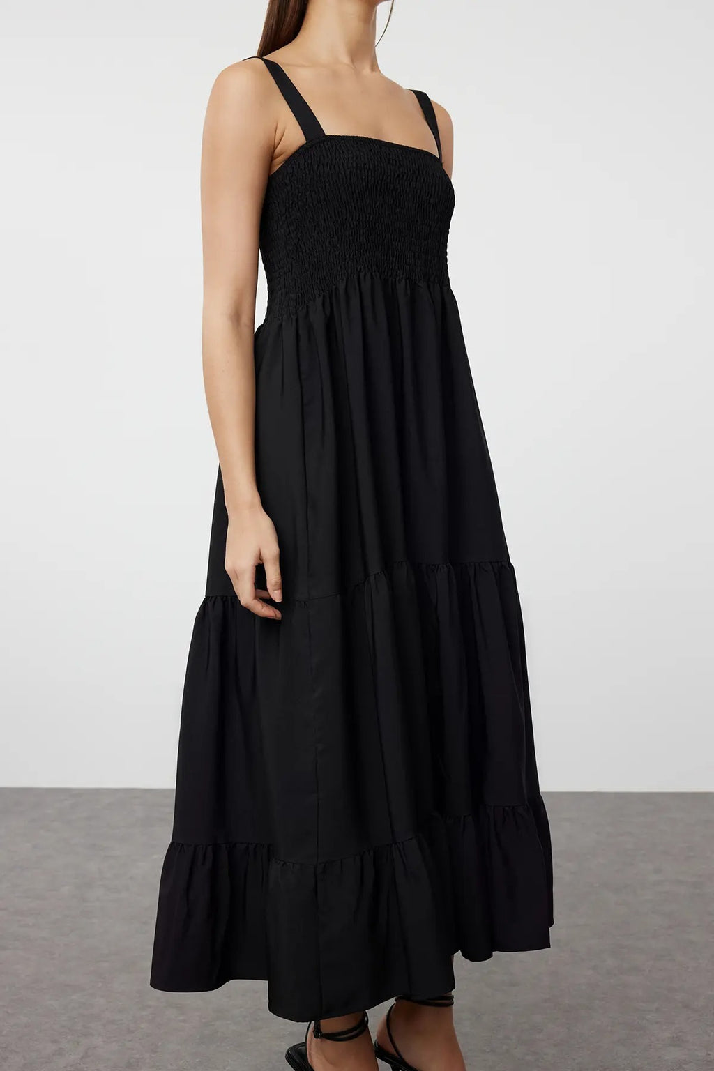 Ruched Square Neck Thick Strap A-Line Maxi Dress
