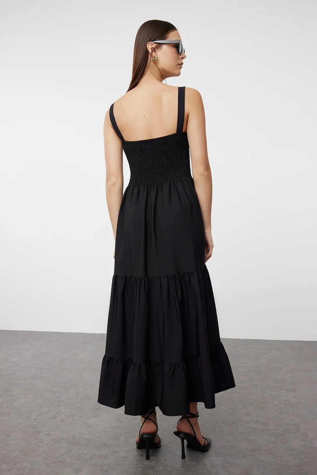 Ruched Square Neck Thick Strap A-Line Maxi Dress