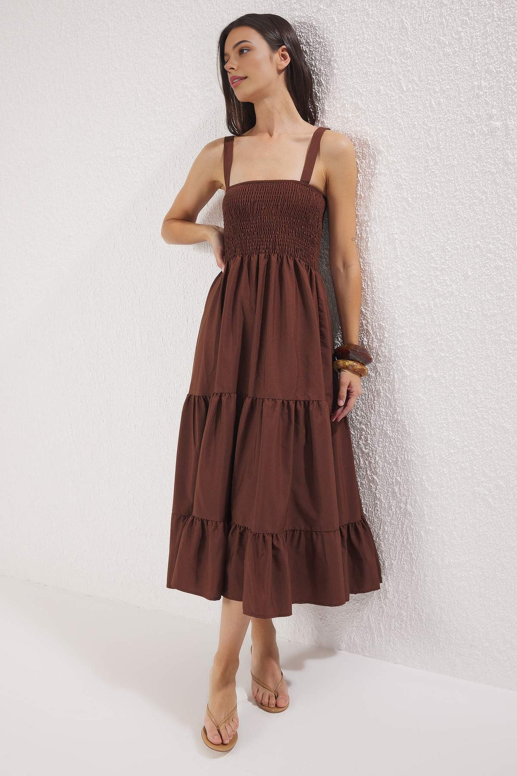 Ruched Square Neck Thick Strap A-Line Maxi Dress