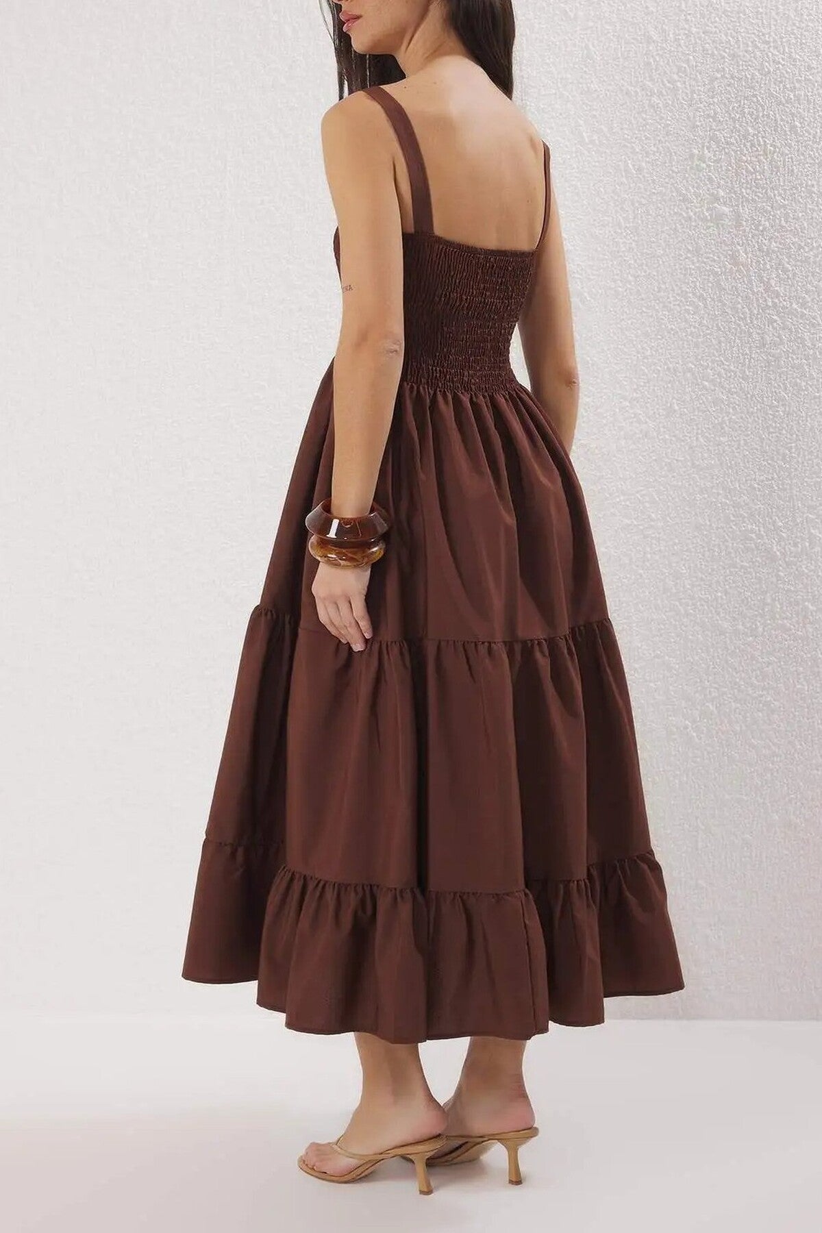 Ruched Square Neck Thick Strap A-Line Maxi Dress