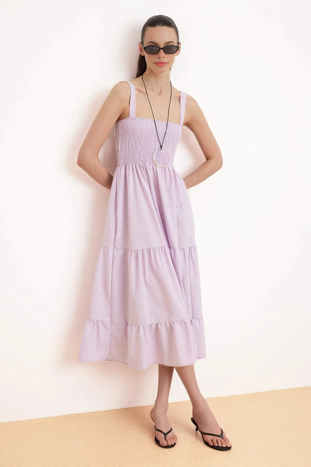 Ruched Square Neck Thick Strap A-Line Maxi Dress