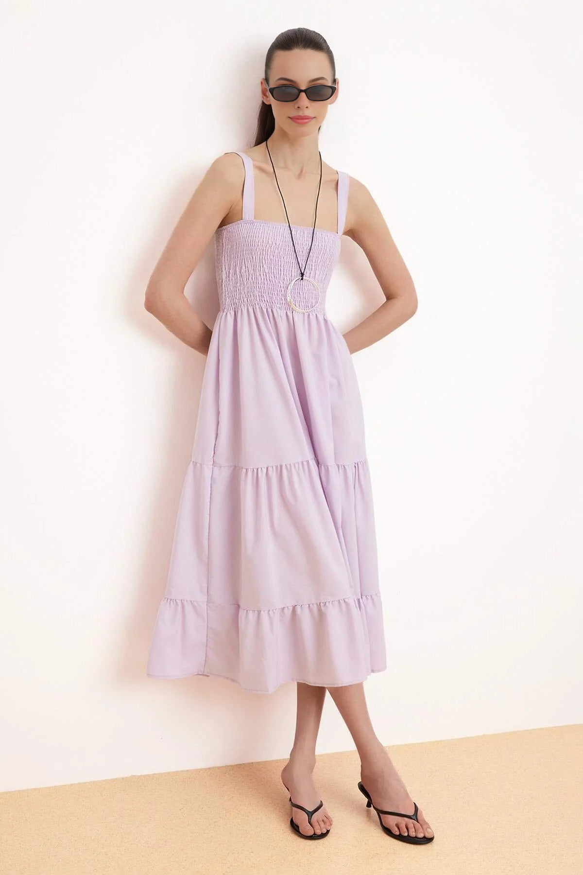 Ruched Square Neck Thick Strap A-Line Maxi Dress
